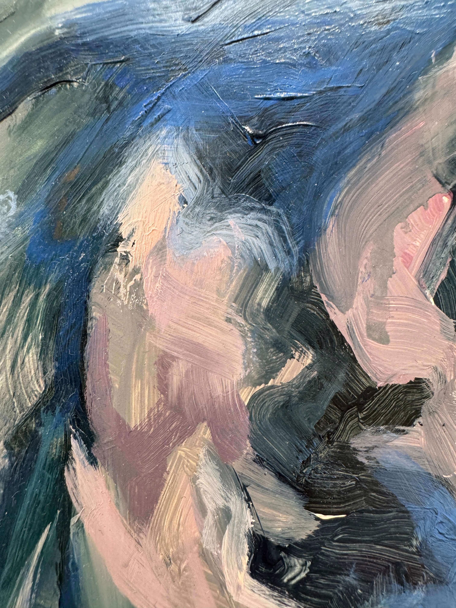 A painting of a woman in a blue dress.