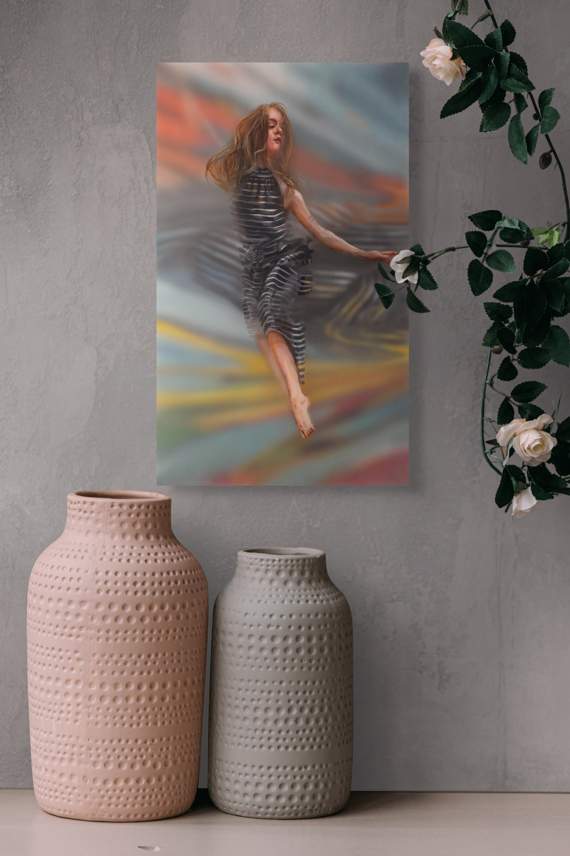 A painting of a woman in a black dress flying through the air.