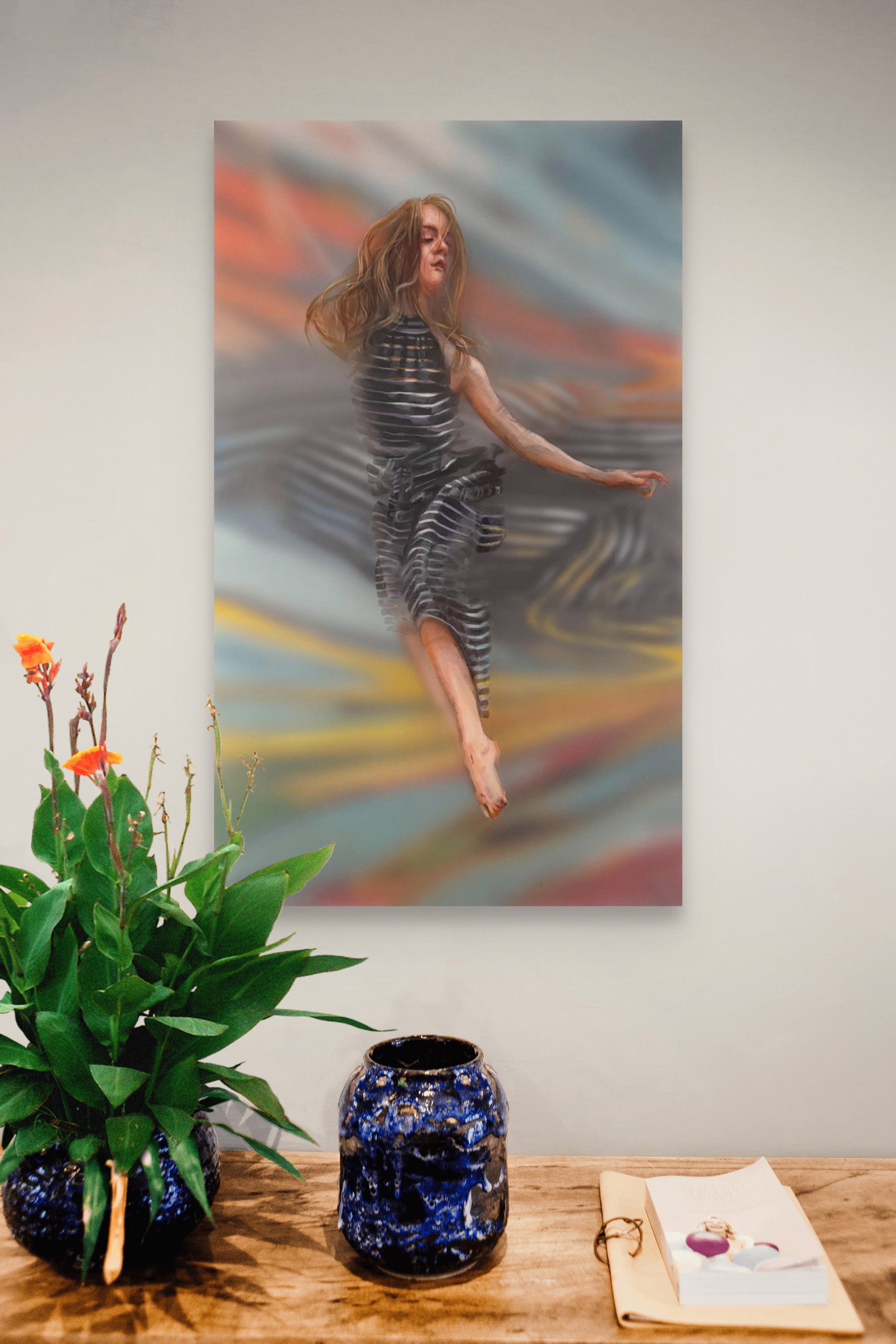 A painting of a woman in a black dress flying through the air.