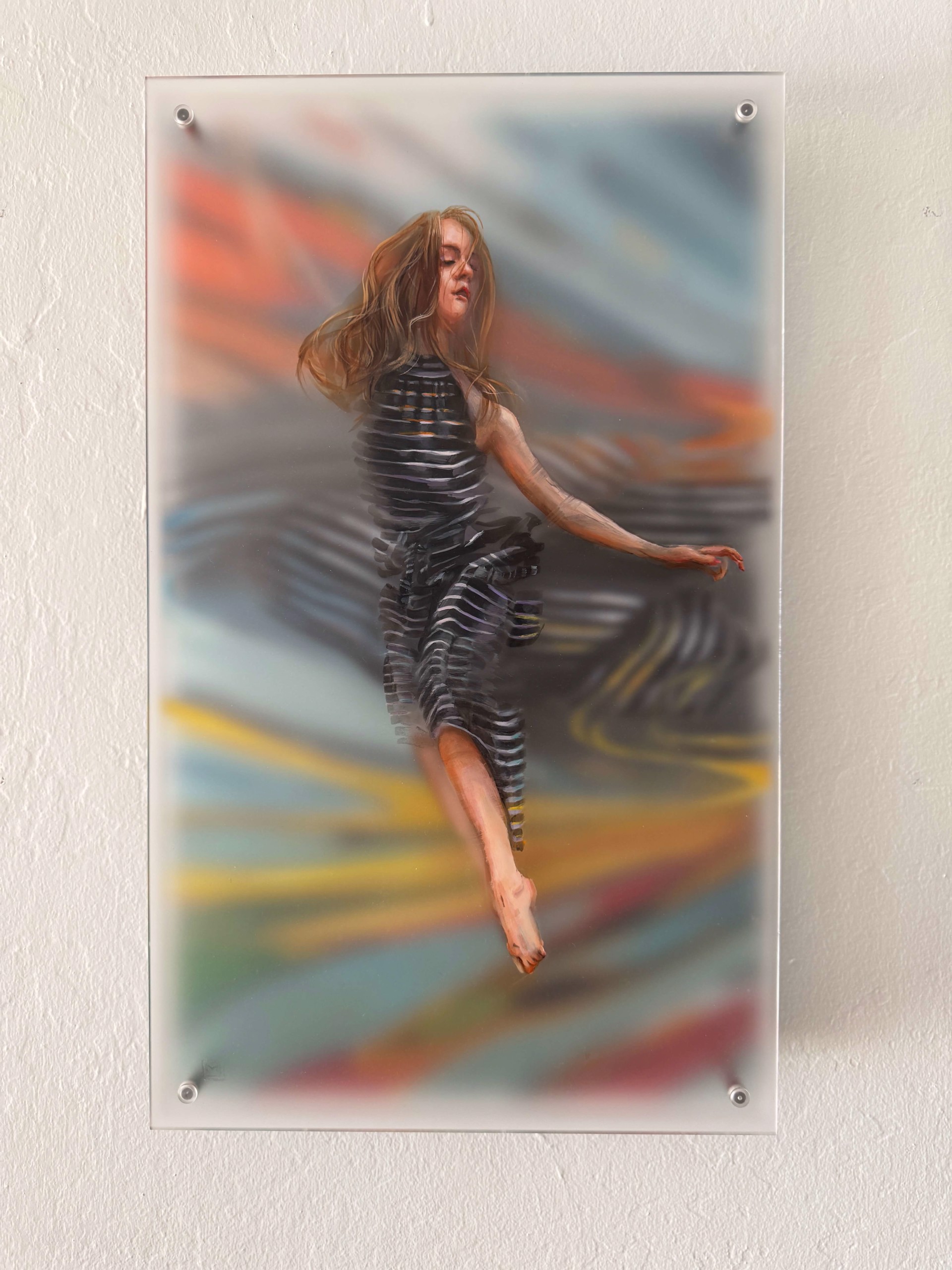 A painting of a woman in a black dress flying through the air.