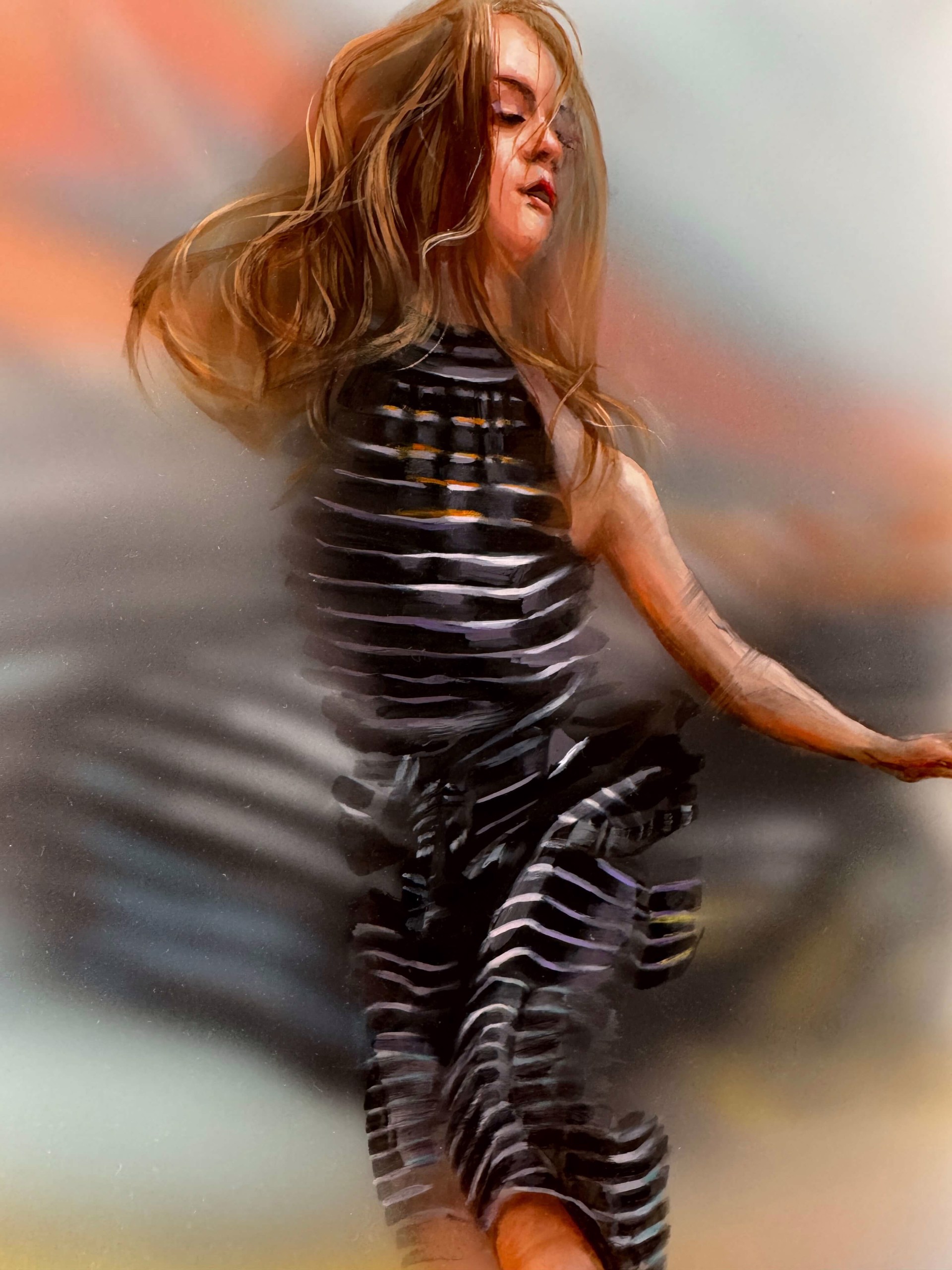 A painting of a woman in a black dress flying through the air.