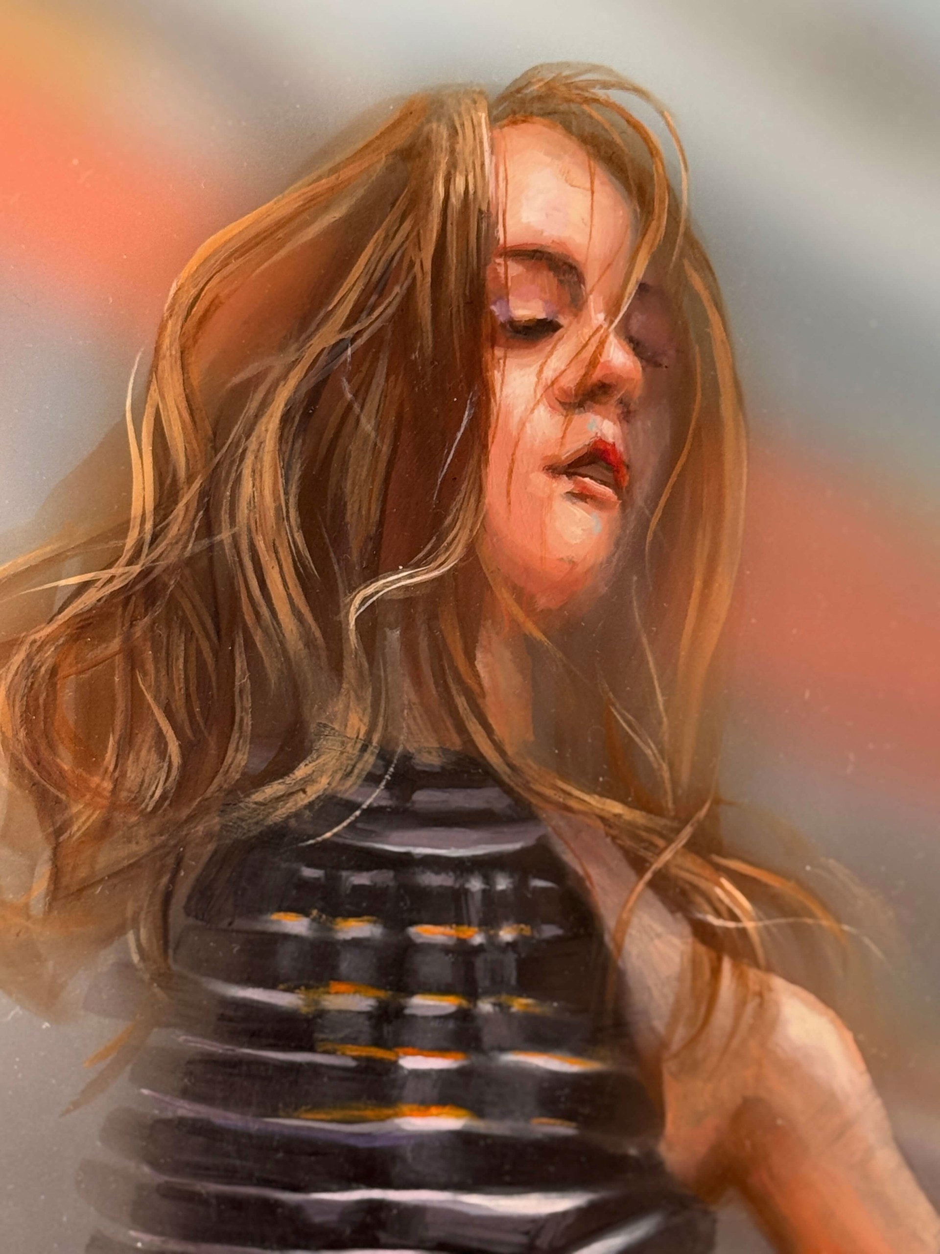 A painting of a woman in a black dress flying through the air.