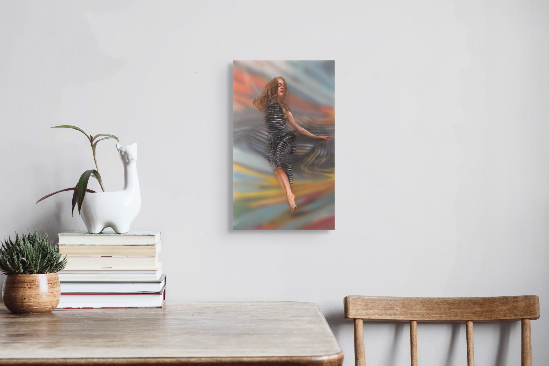 A painting of a woman in a black dress flying through the air.