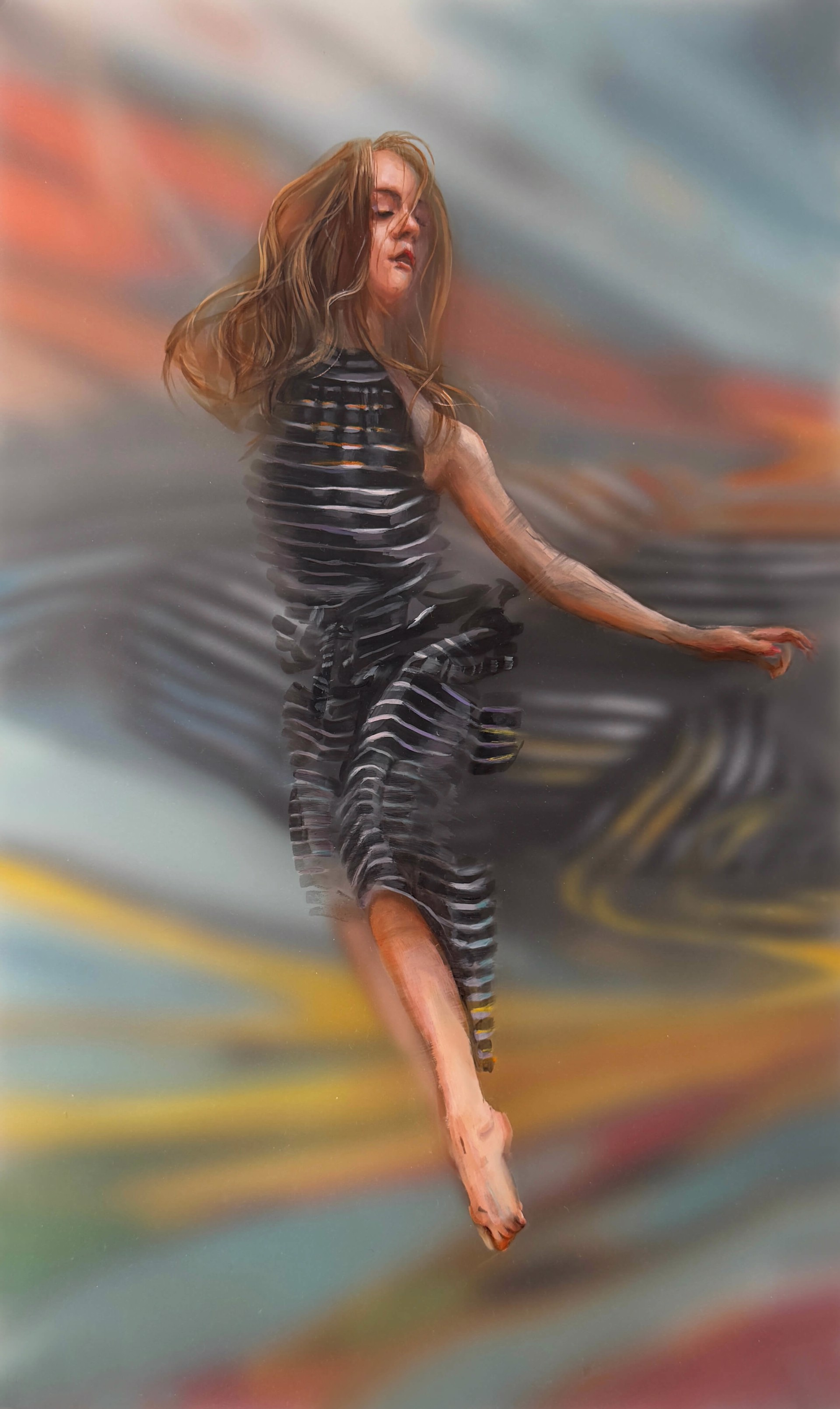 A painting of a woman in a black dress flying through the air.