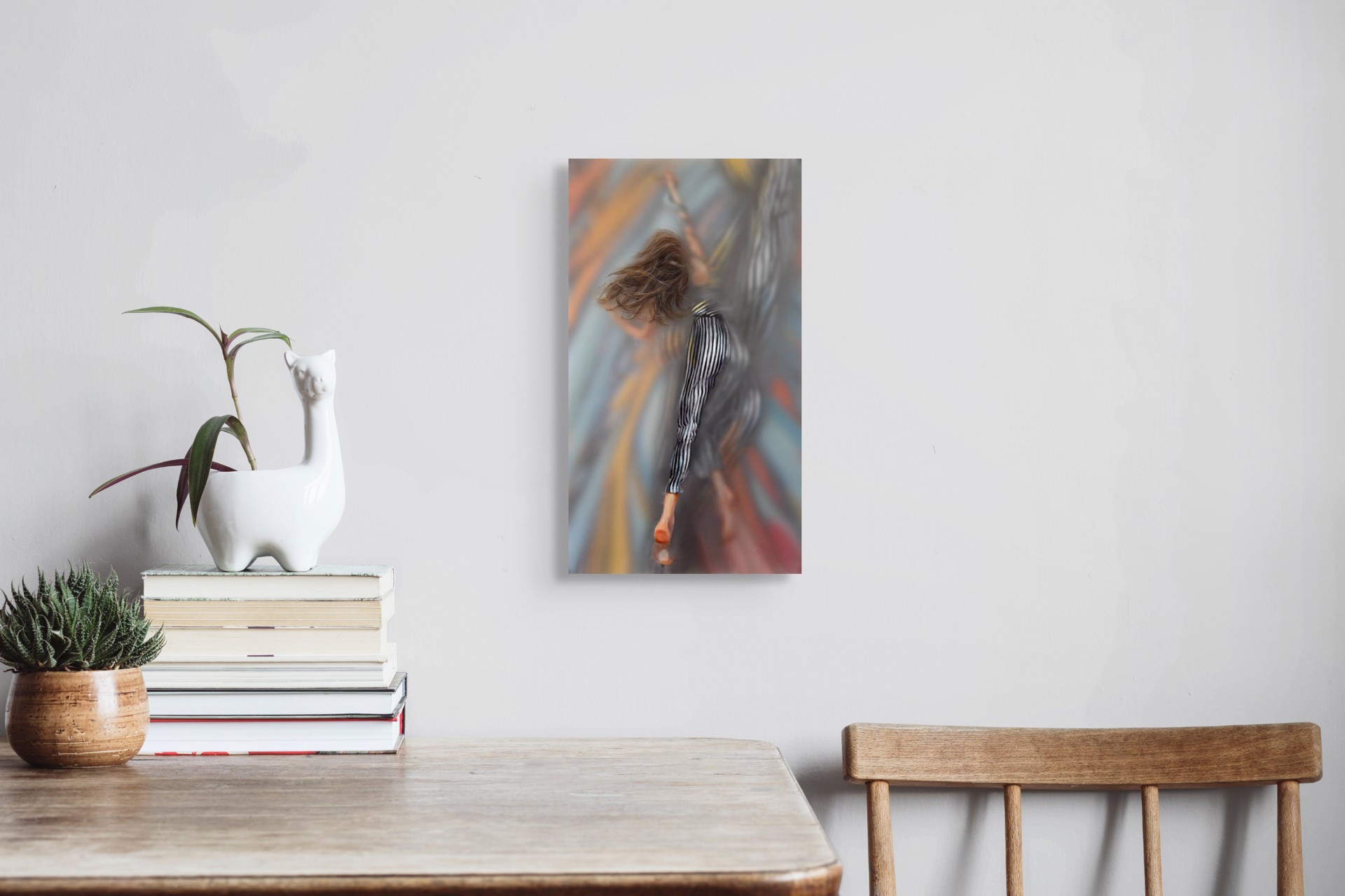 A painting of a woman with her hair blowing in the wind.