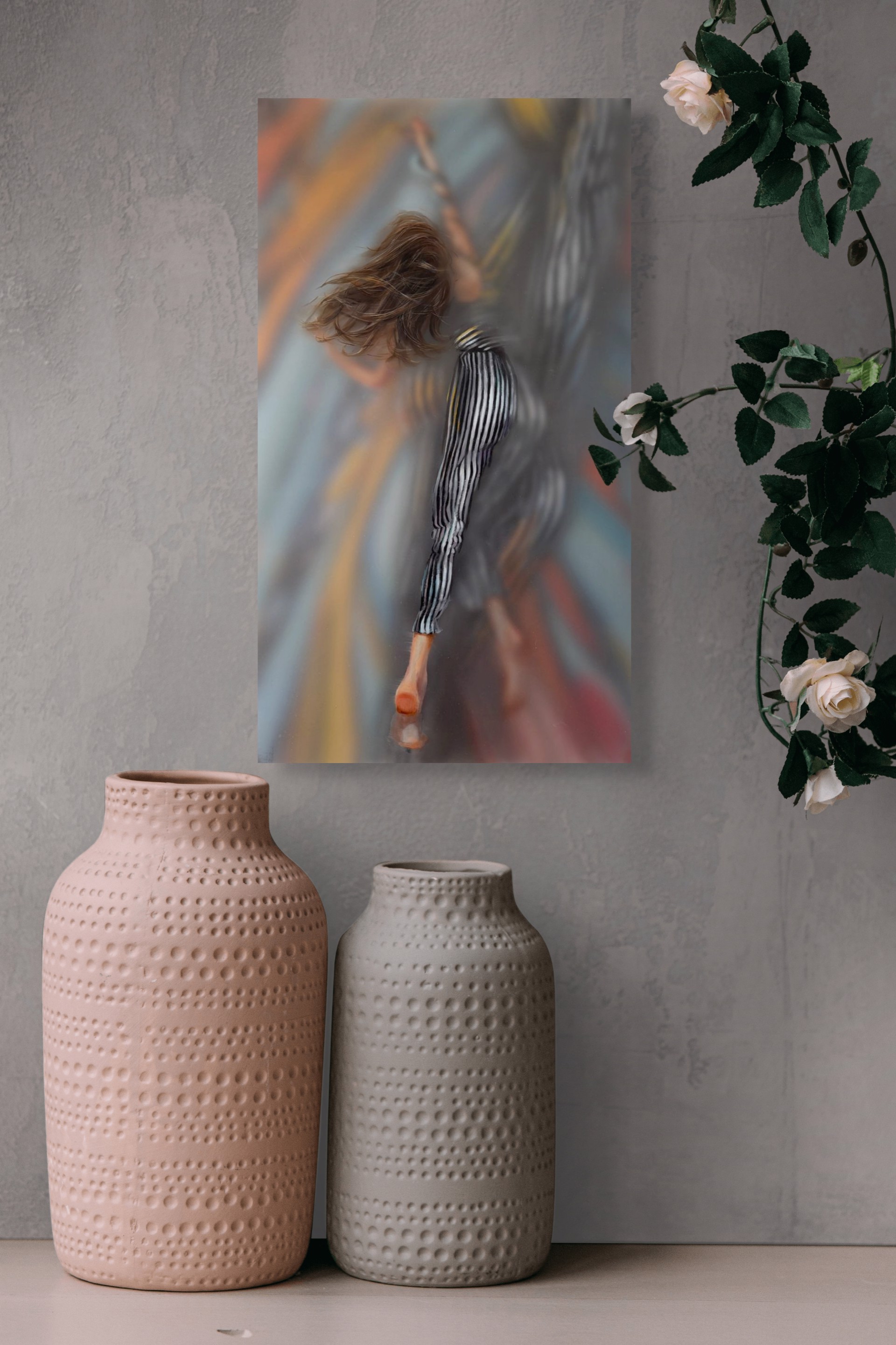 A painting of a woman with her hair blowing in the wind.