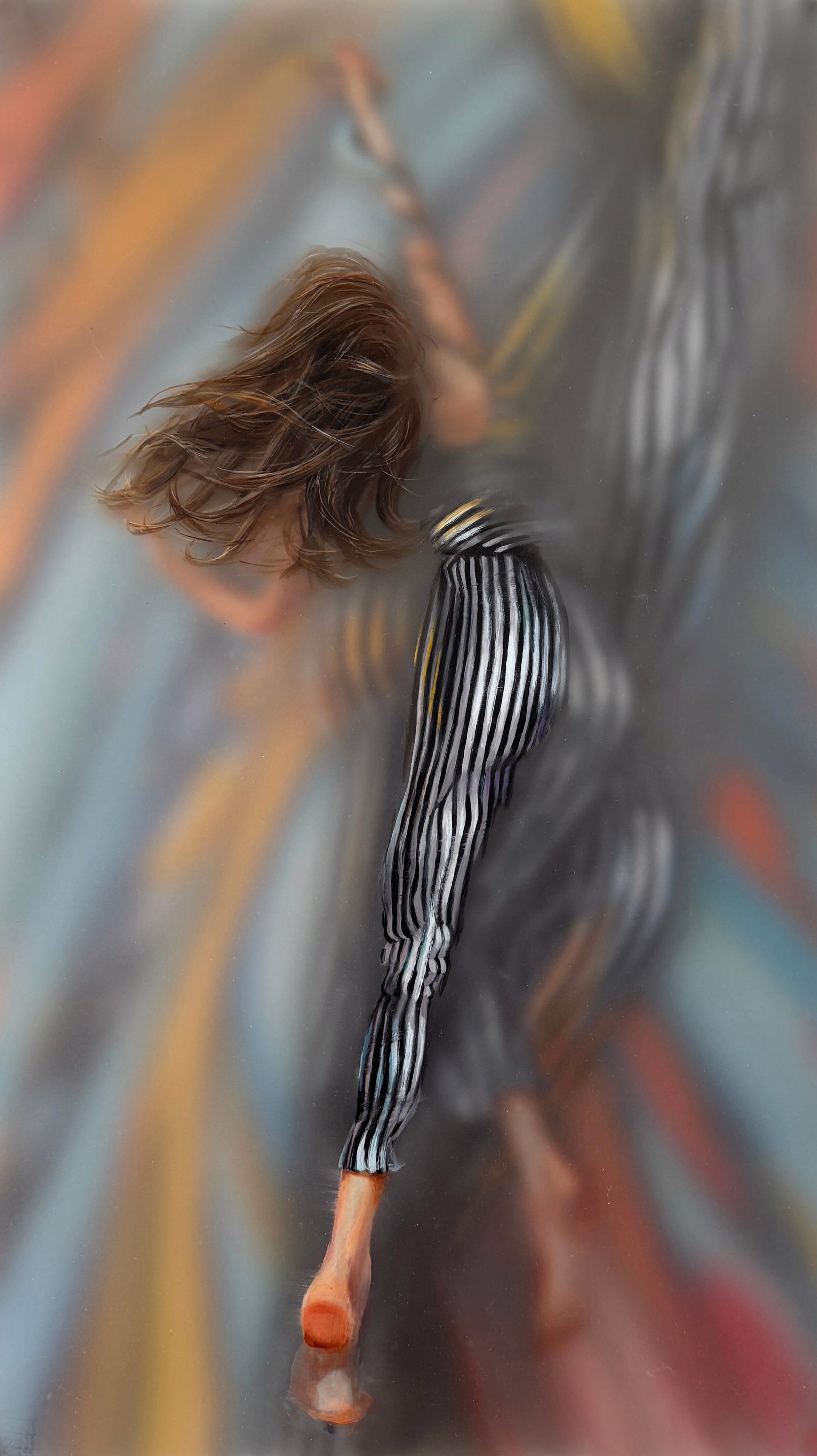 A painting of a woman with her hair blowing in the wind.