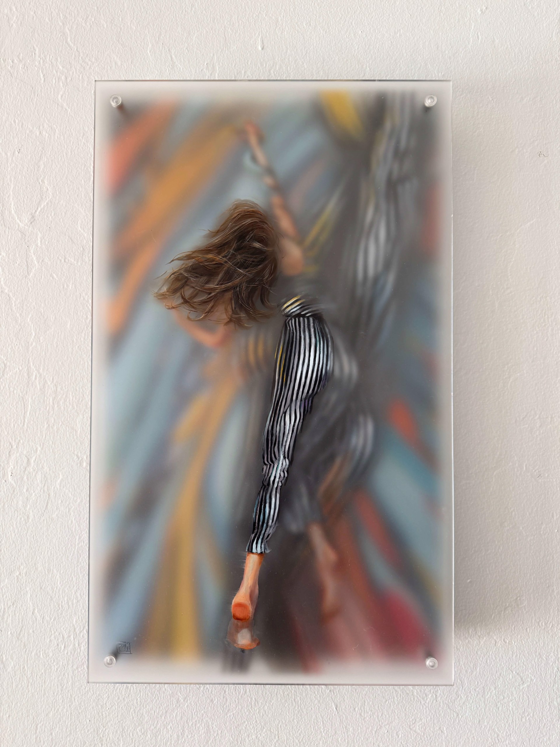 A painting of a woman with her hair blowing in the wind.