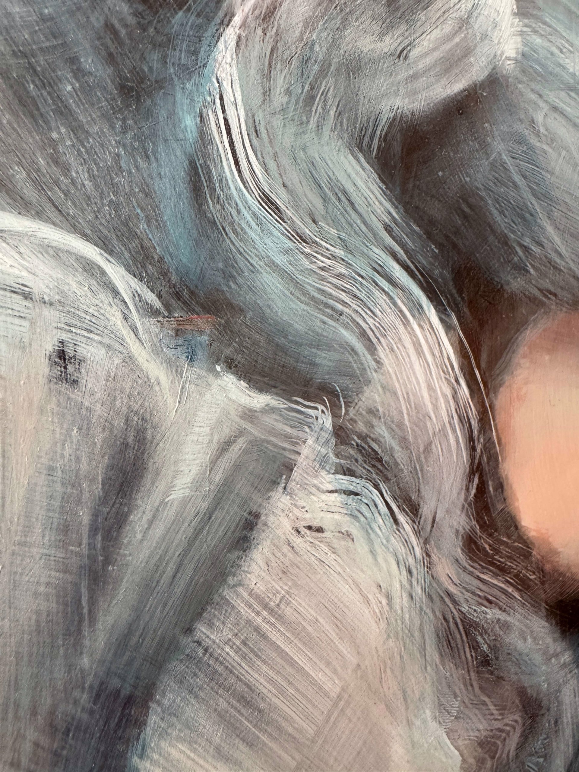 A painterly portrait of a figure in motion, captured with soft focus and layered brushwork.