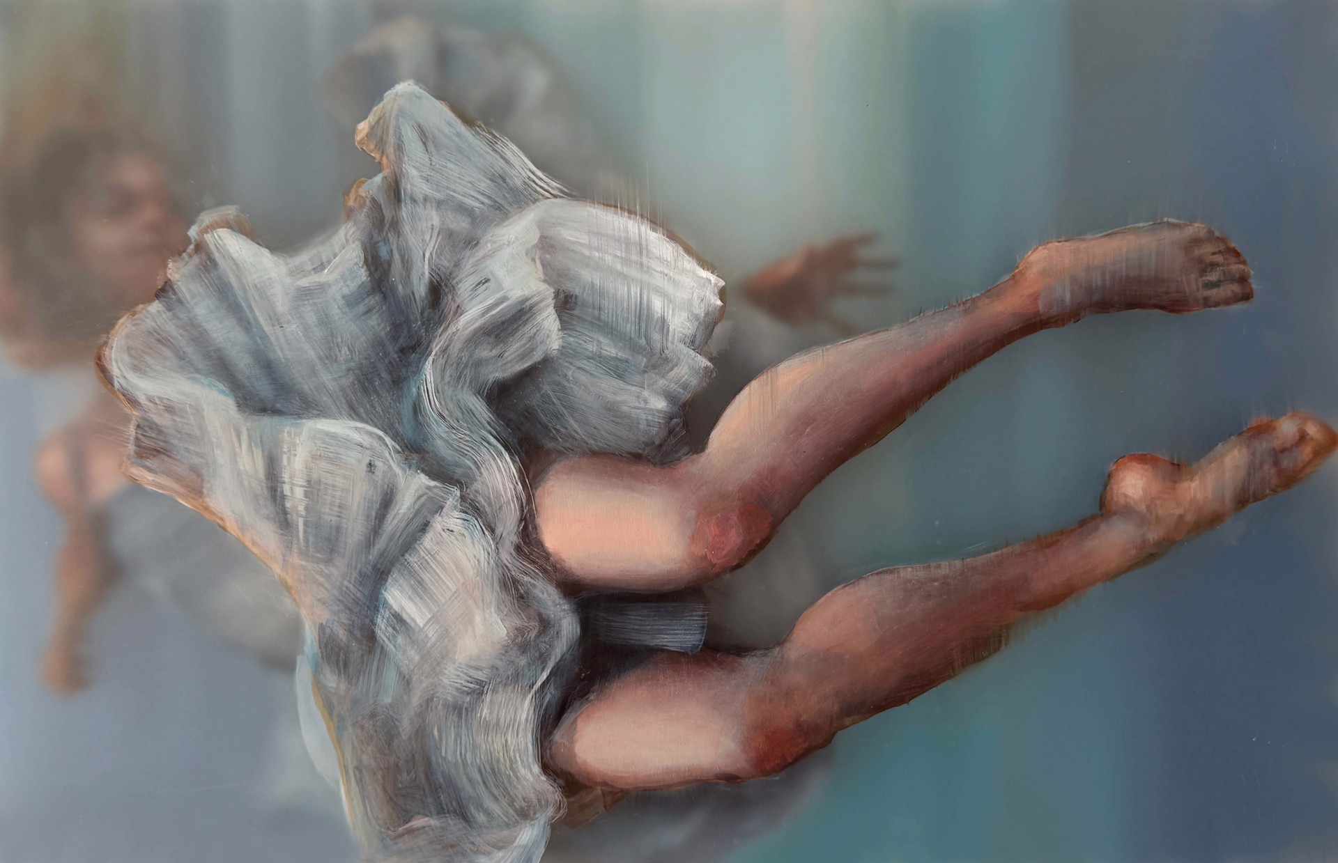 A painterly portrait of a figure in motion, captured with soft focus and layered brushwork.