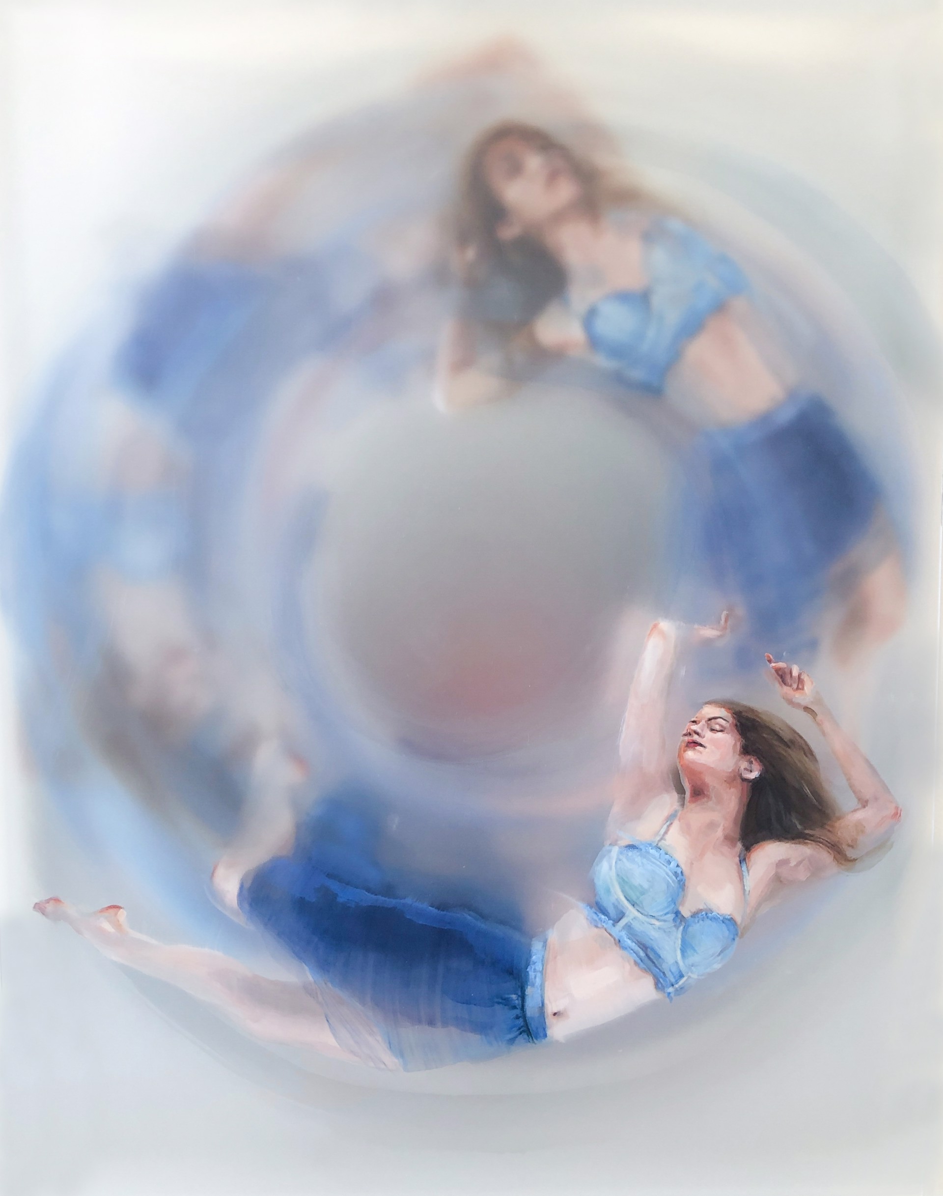 A painting of a woman in a blue dress floating in a circle.