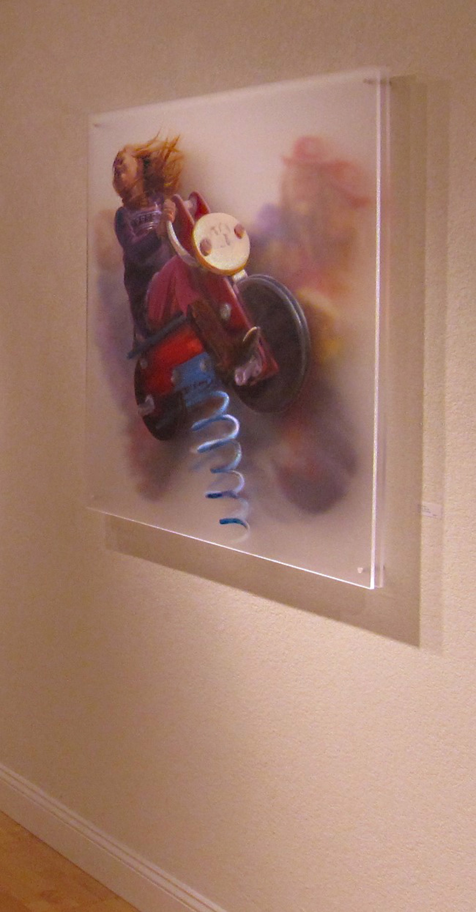 A painting of a girl riding a motorcycle with a bunch of people in the background.