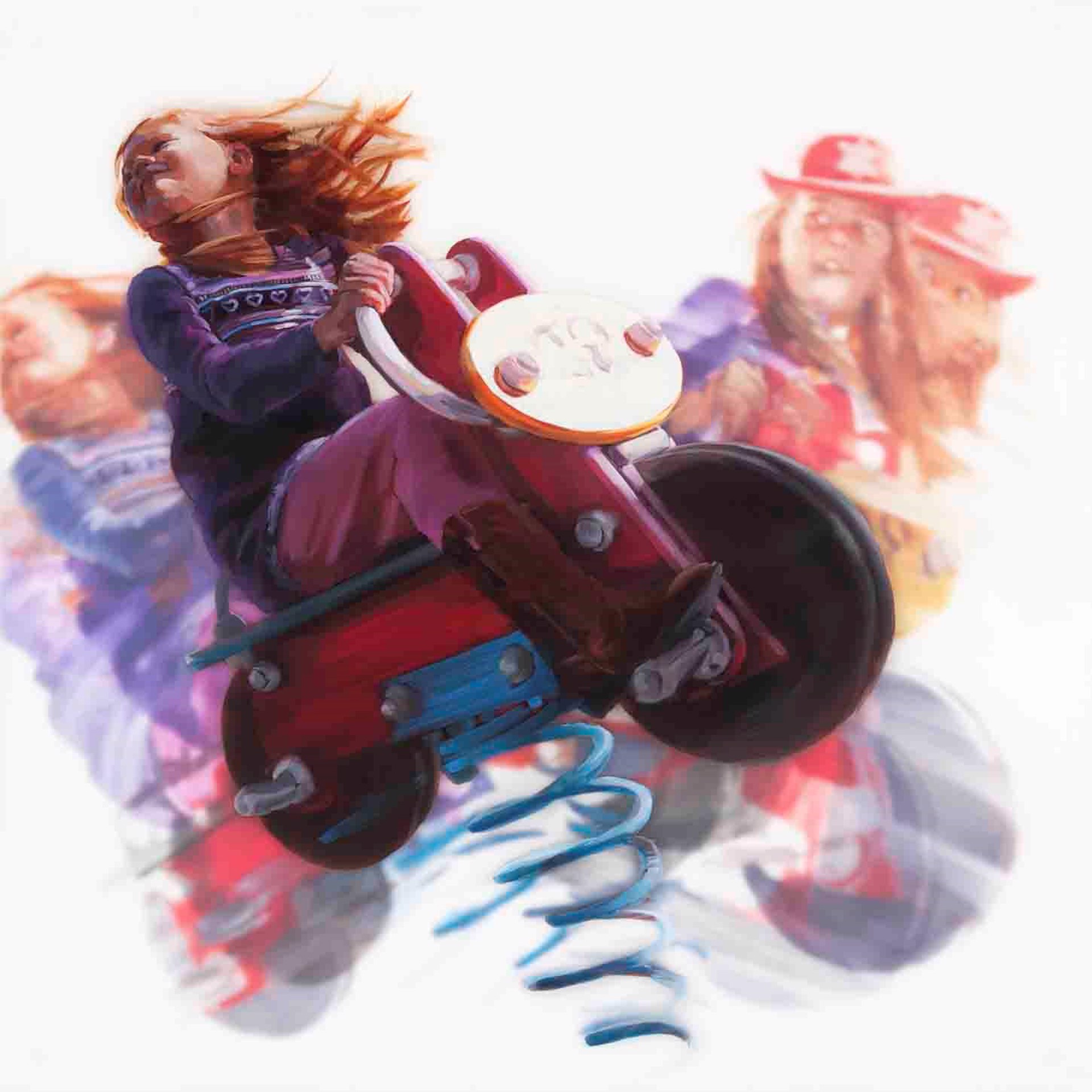 A painting of a girl riding a motorcycle with a bunch of people in the background.