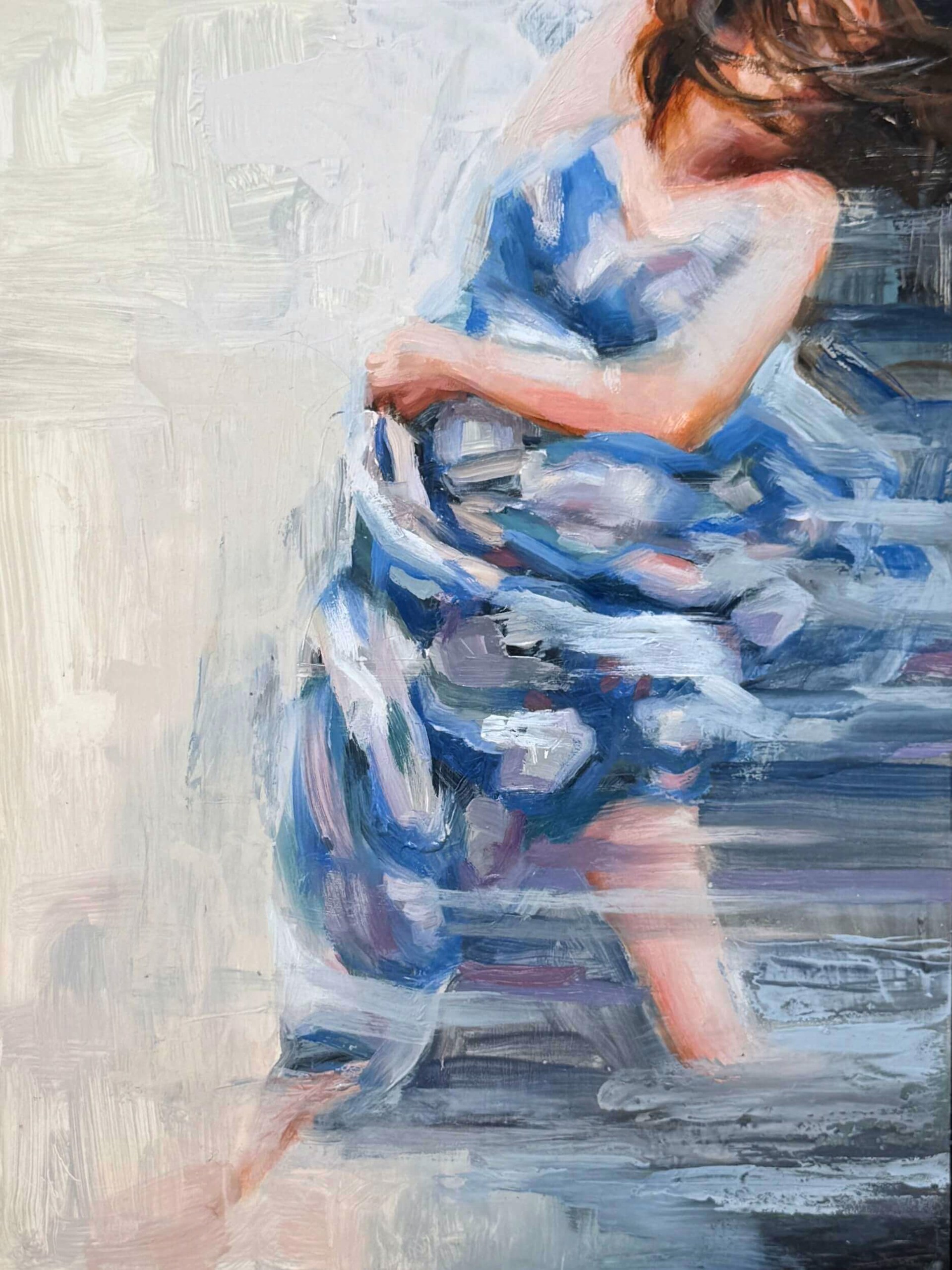 A painting of a woman in a blue dress.