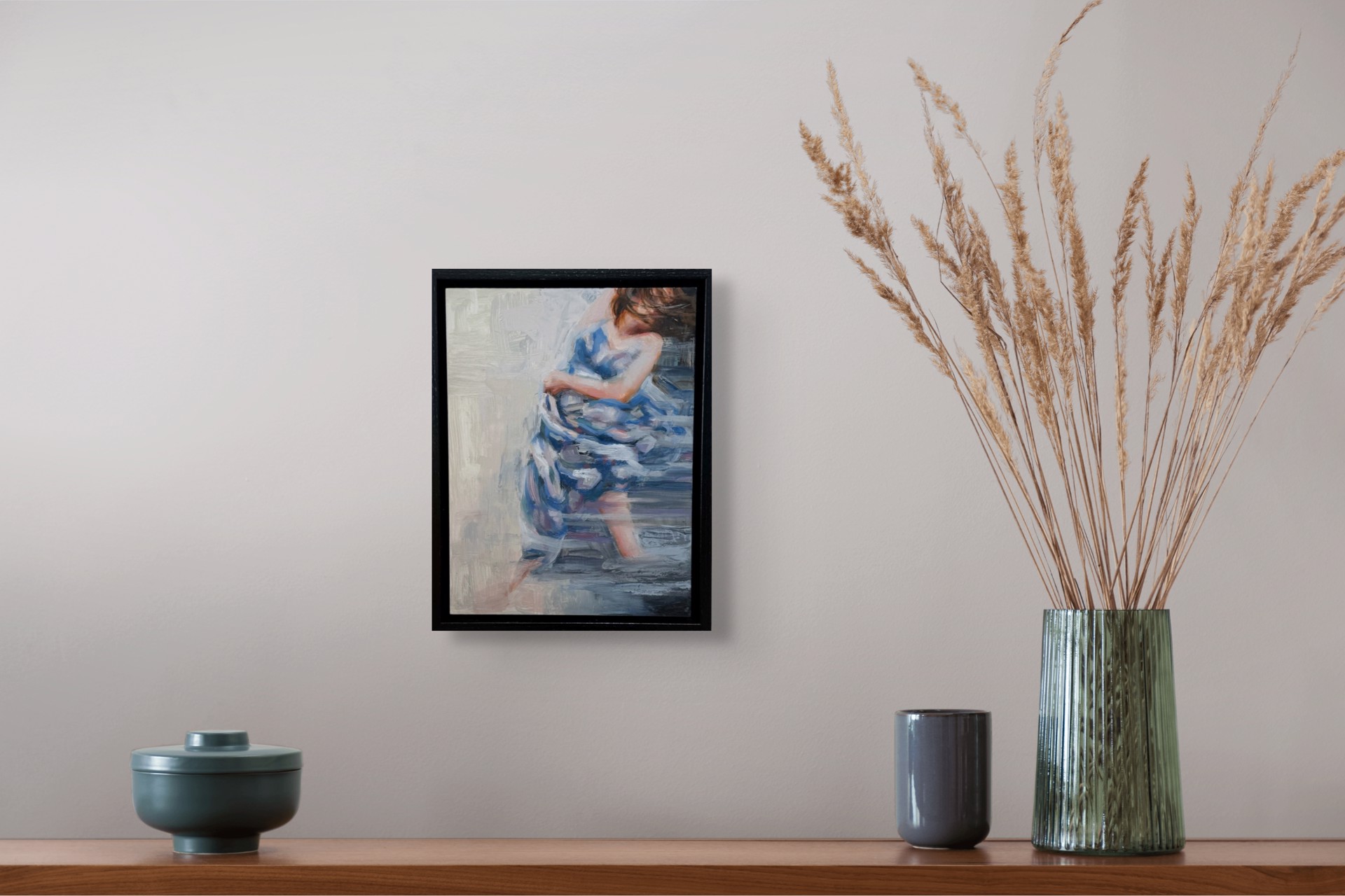 A painting of a woman in a blue dress.