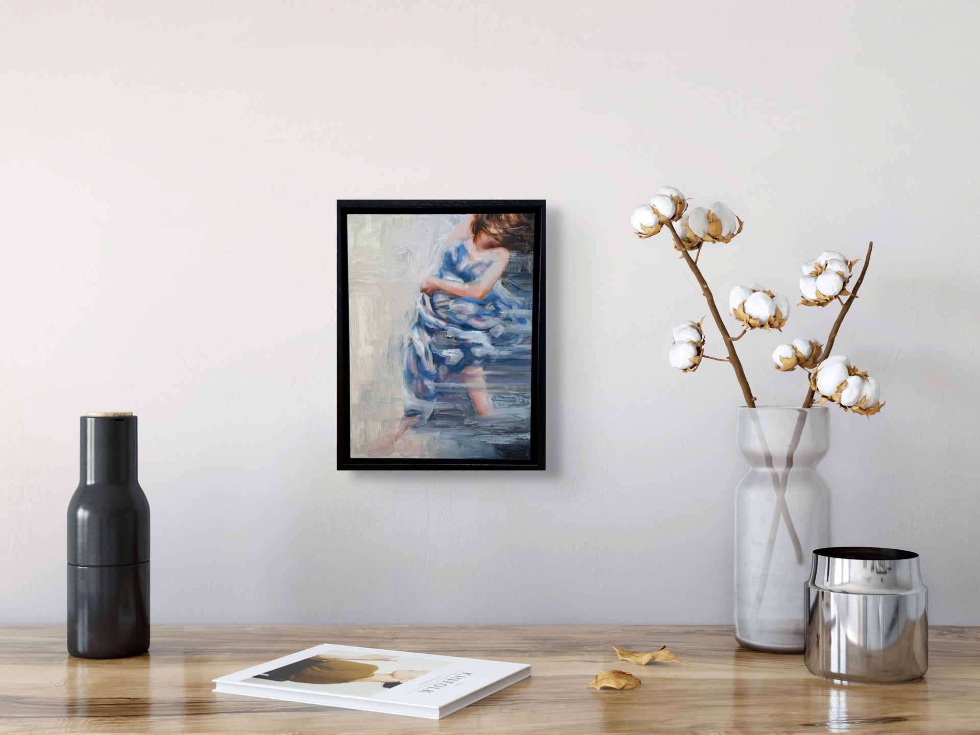 A painting of a woman in a blue dress.