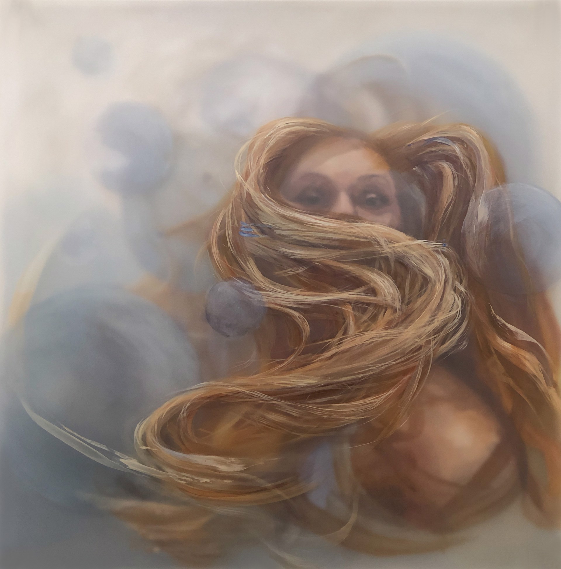 A painting of a woman with long blonde hair.