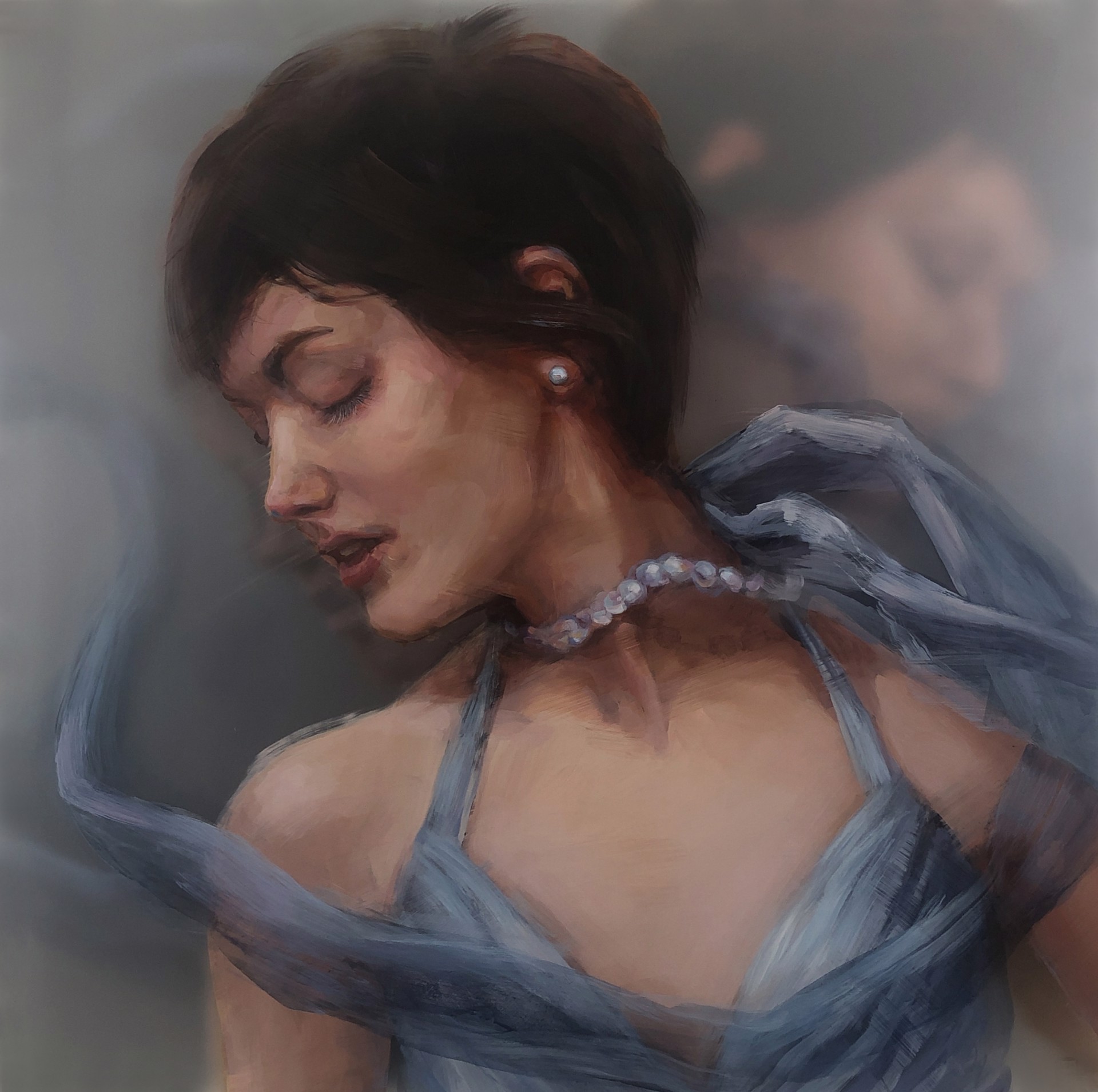 A painting of a woman in a blue dress.