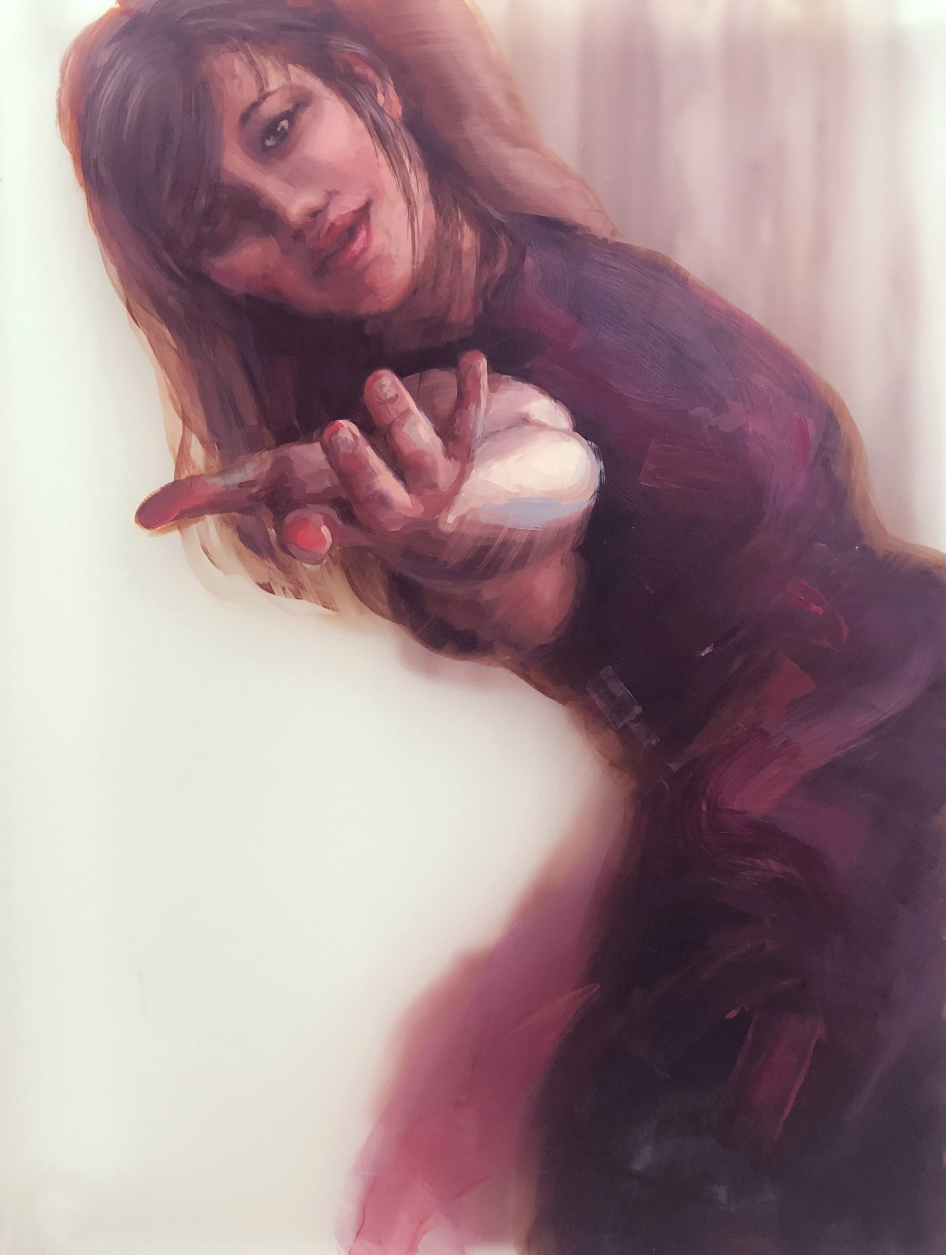 A painting of a woman holding a white ball in her hand.