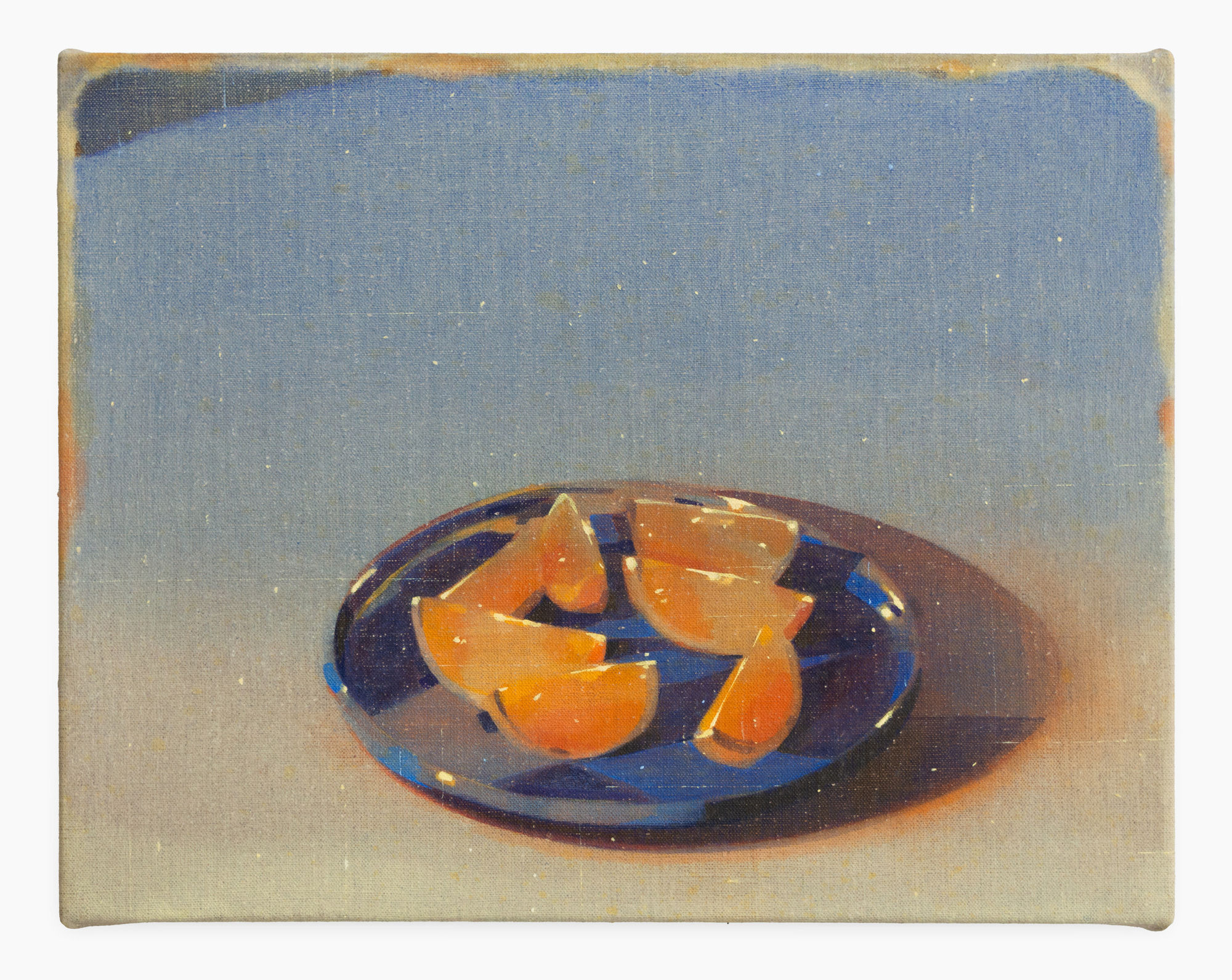 A painting of oranges on a blue plate.