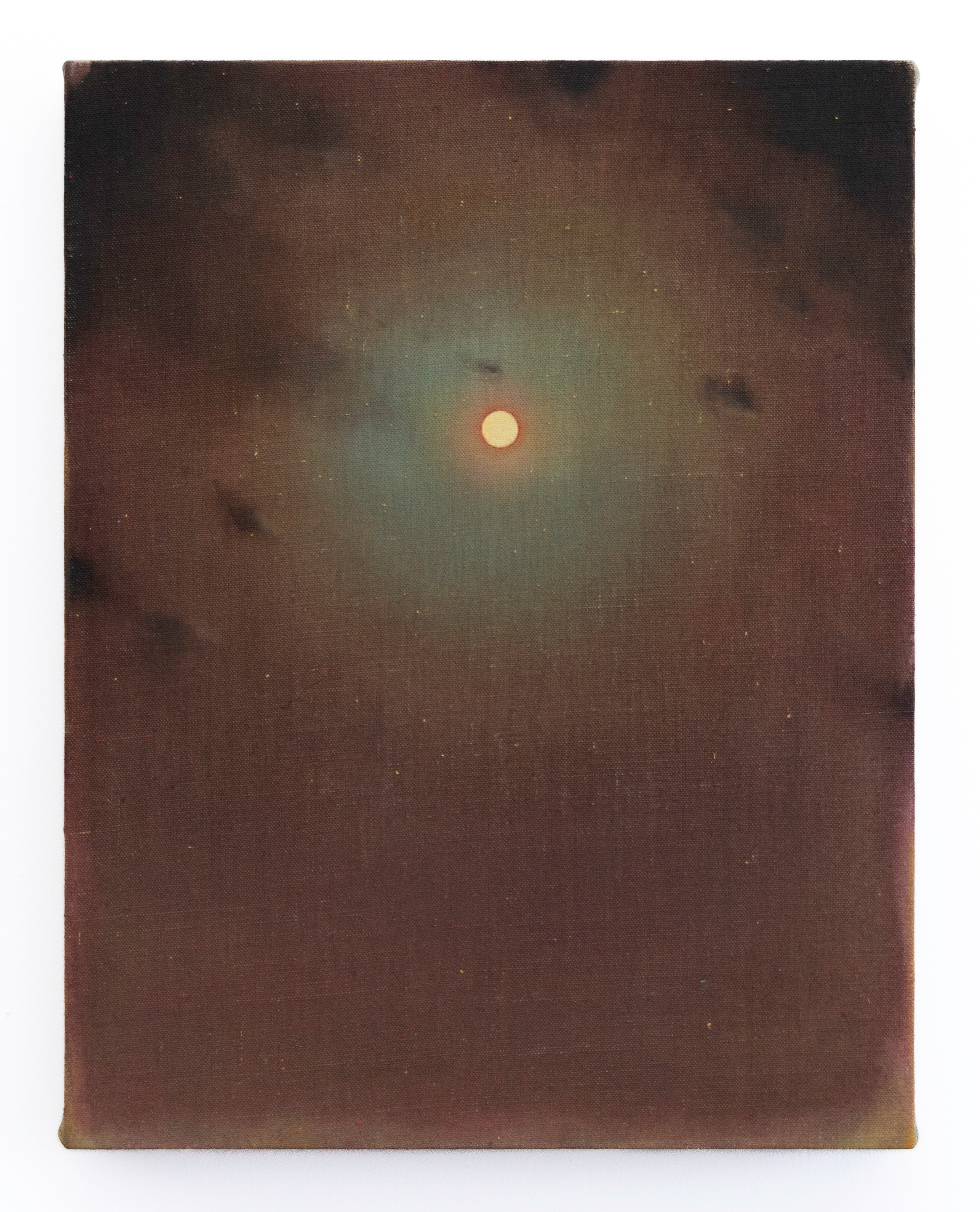 A painting of a bright orange sun in the sky.