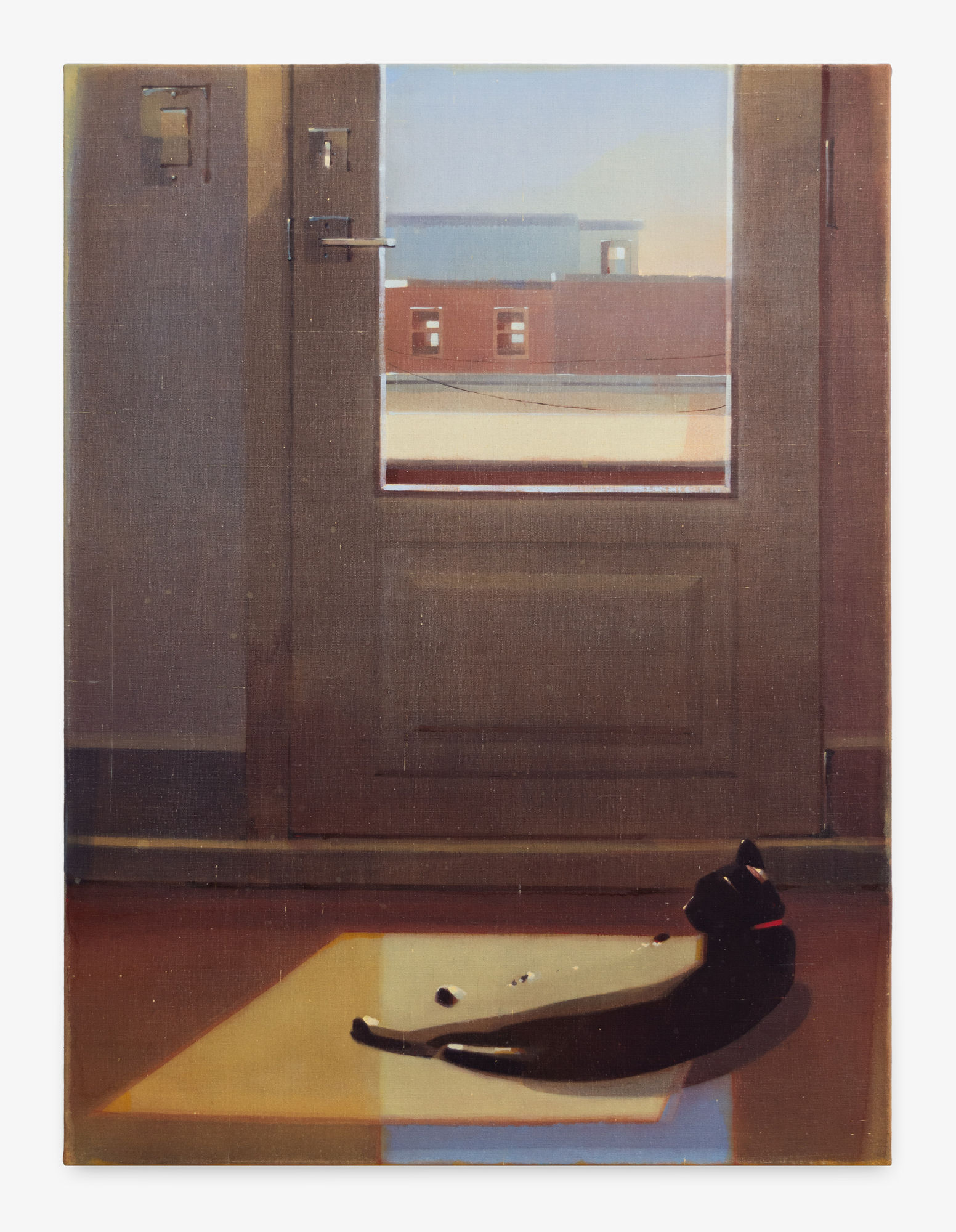 A painting of a black cat laying on the floor in front of a door.