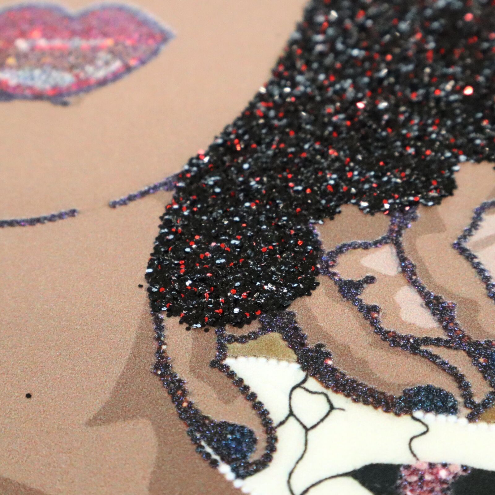 Artwork by Mickalene Thomas, Portrait of Maya #10, Made of UV pigment print on 410gsm Somerset Tub Sized Radiant White paper with 4 metallic silkscreen glitter and shimmer layers, a CMYK silkscreen central panel and matte varnish seal 