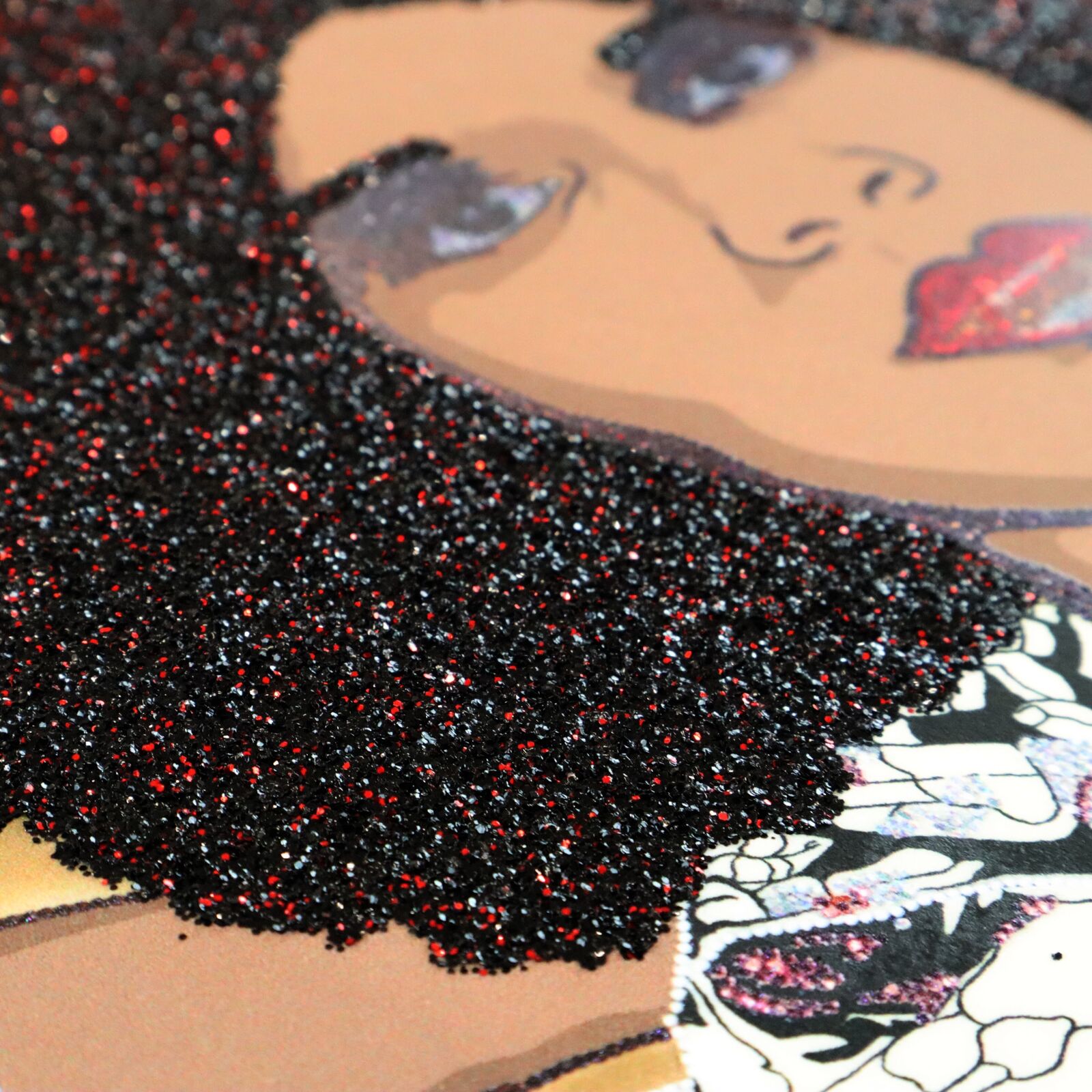 Artwork by Mickalene Thomas, Portrait of Maya #10, Made of UV pigment print on 410gsm Somerset Tub Sized Radiant White paper with 4 metallic silkscreen glitter and shimmer layers, a CMYK silkscreen central panel and matte varnish seal 