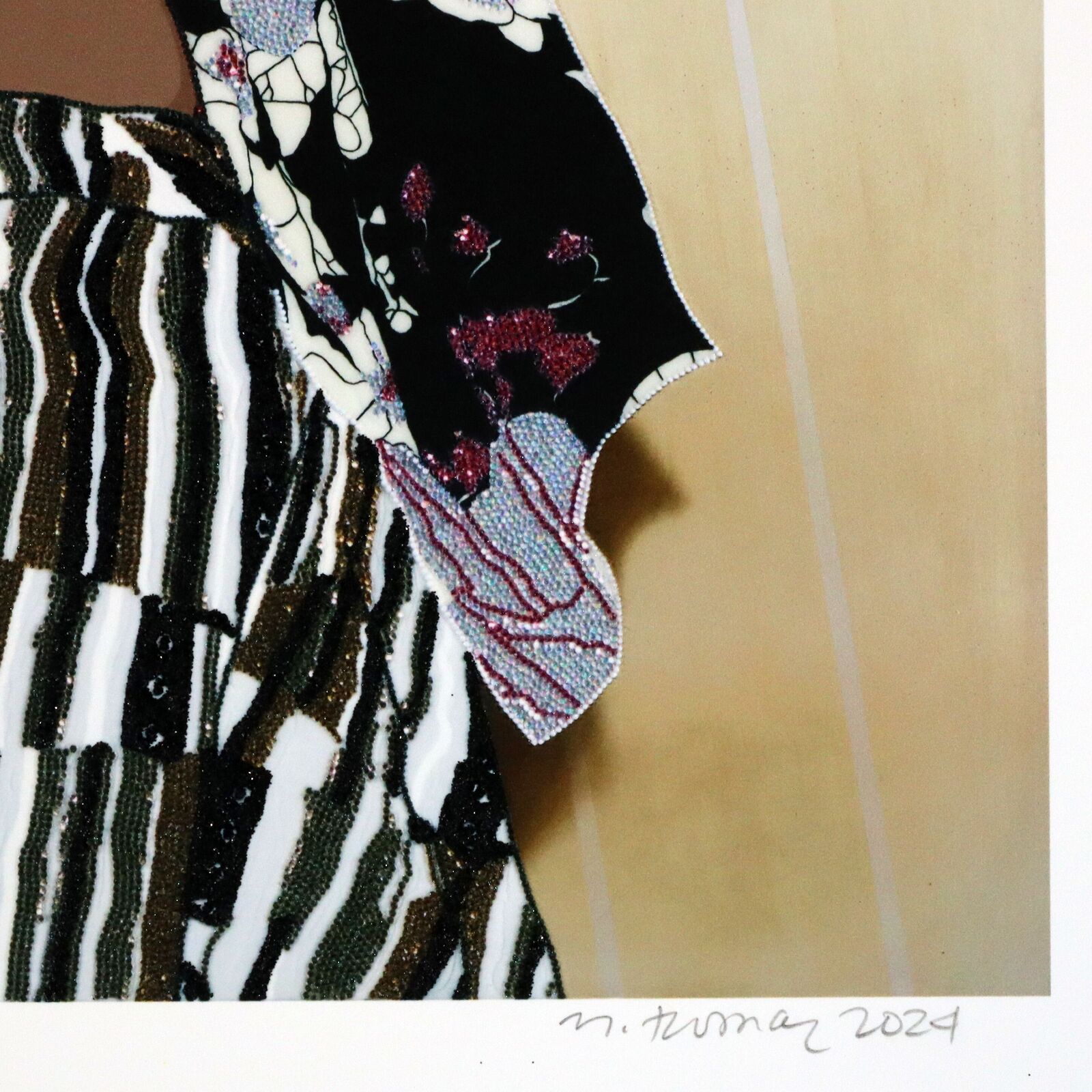 Artwork by Mickalene Thomas, Portrait of Maya #10, Made of UV pigment print on 410gsm Somerset Tub Sized Radiant White paper with 4 metallic silkscreen glitter and shimmer layers, a CMYK silkscreen central panel and matte varnish seal 