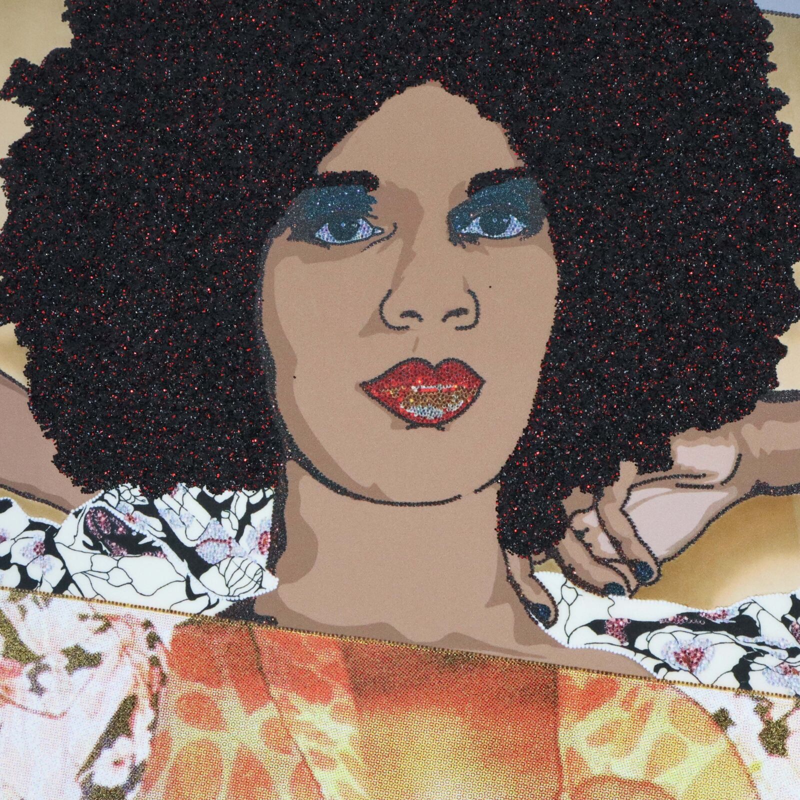 Artwork by Mickalene Thomas, Portrait of Maya #10, Made of UV pigment print on 410gsm Somerset Tub Sized Radiant White paper with 4 metallic silkscreen glitter and shimmer layers, a CMYK silkscreen central panel and matte varnish seal 