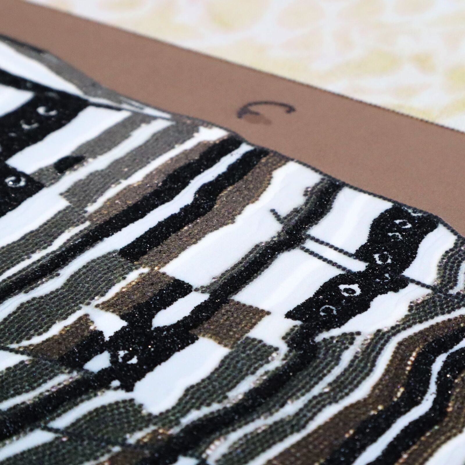 Artwork by Mickalene Thomas, Portrait of Maya #10, Made of UV pigment print on 410gsm Somerset Tub Sized Radiant White paper with 4 metallic silkscreen glitter and shimmer layers, a CMYK silkscreen central panel and matte varnish seal 