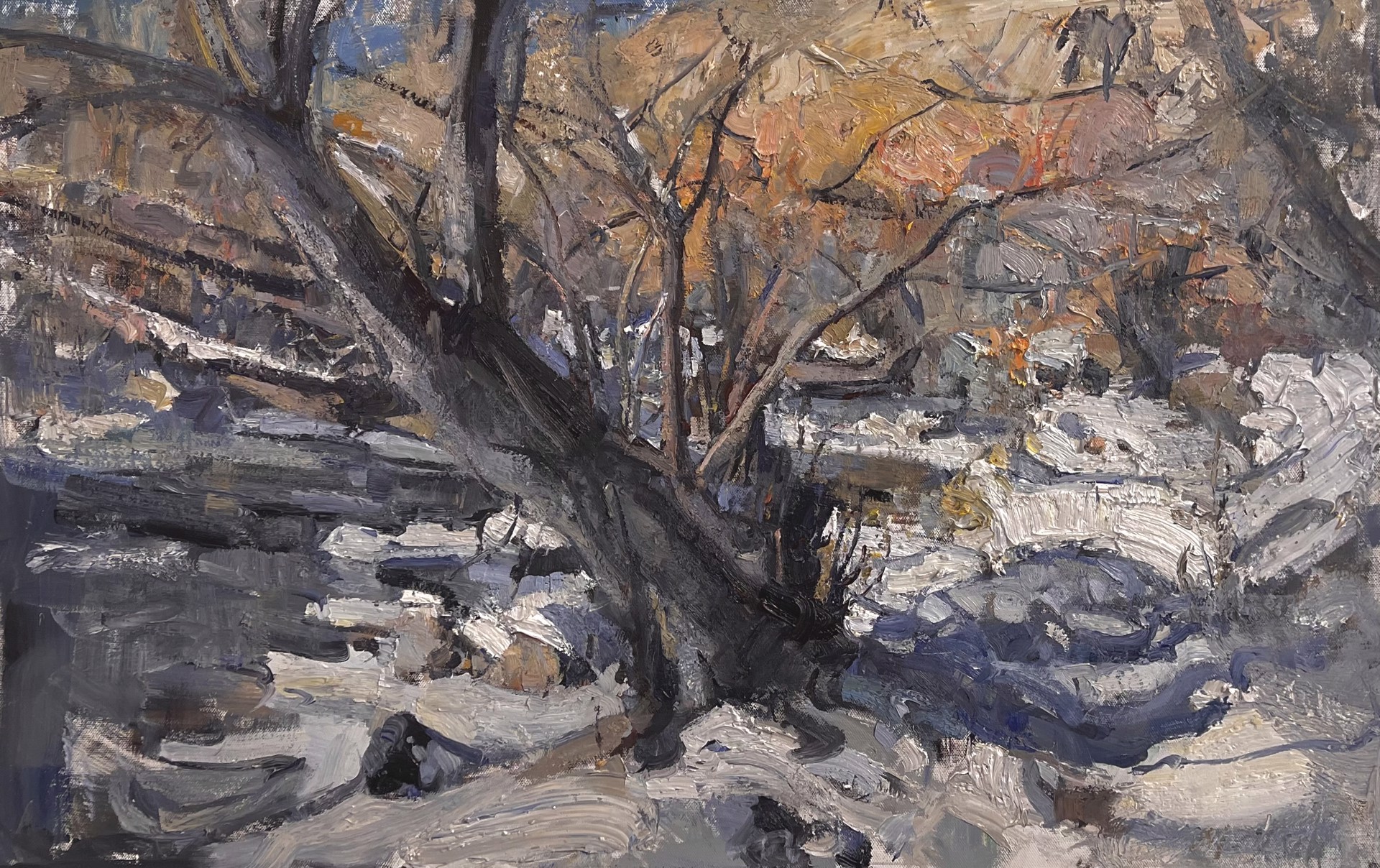 A painting of a tree in the snow. 