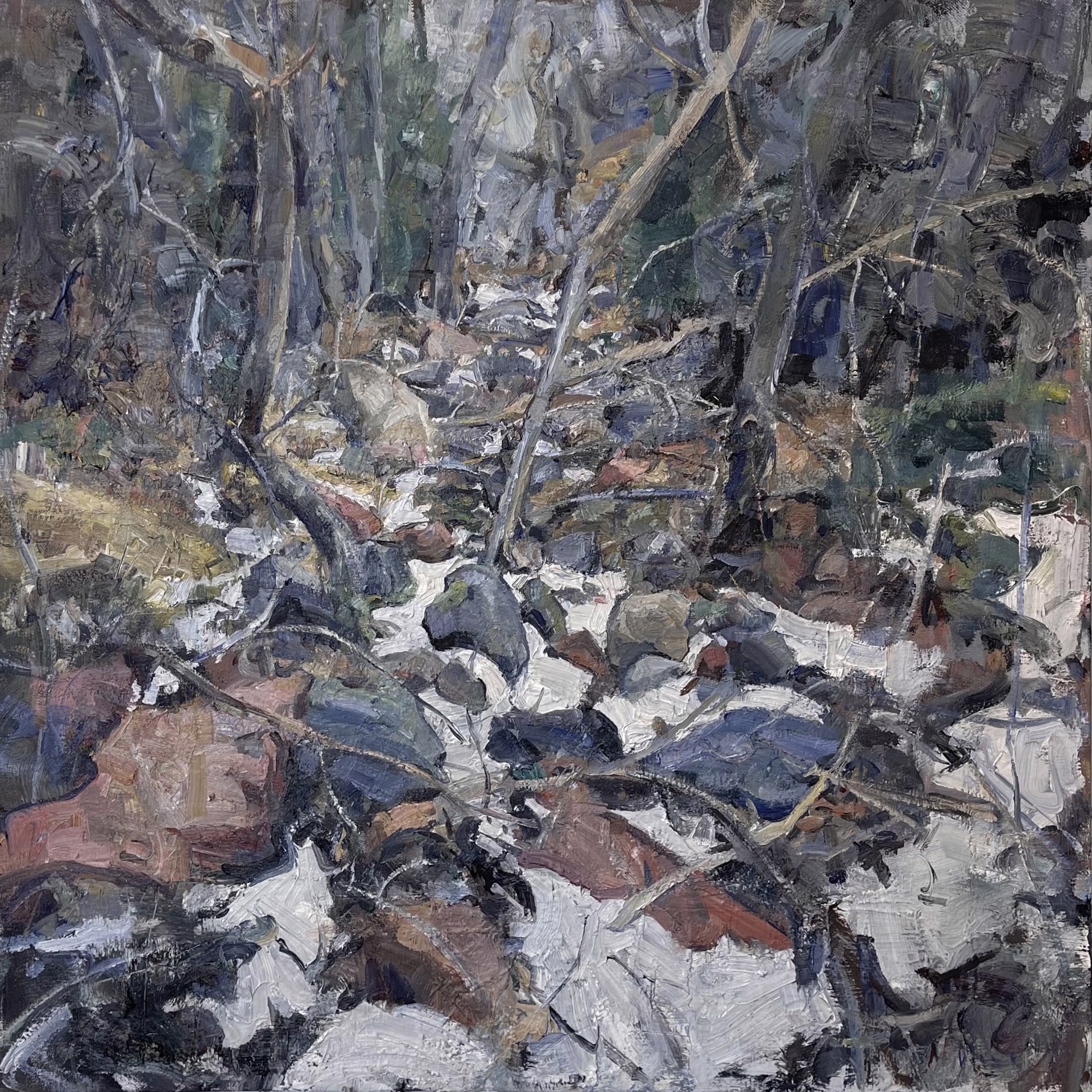 A painting of rocks and trees in the woods.
