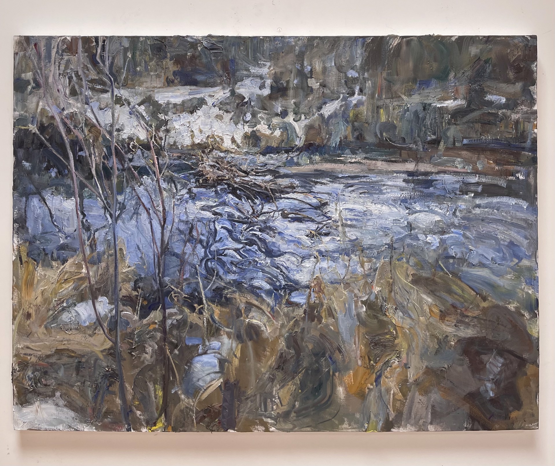 A painting of a river in the middle of a forest.