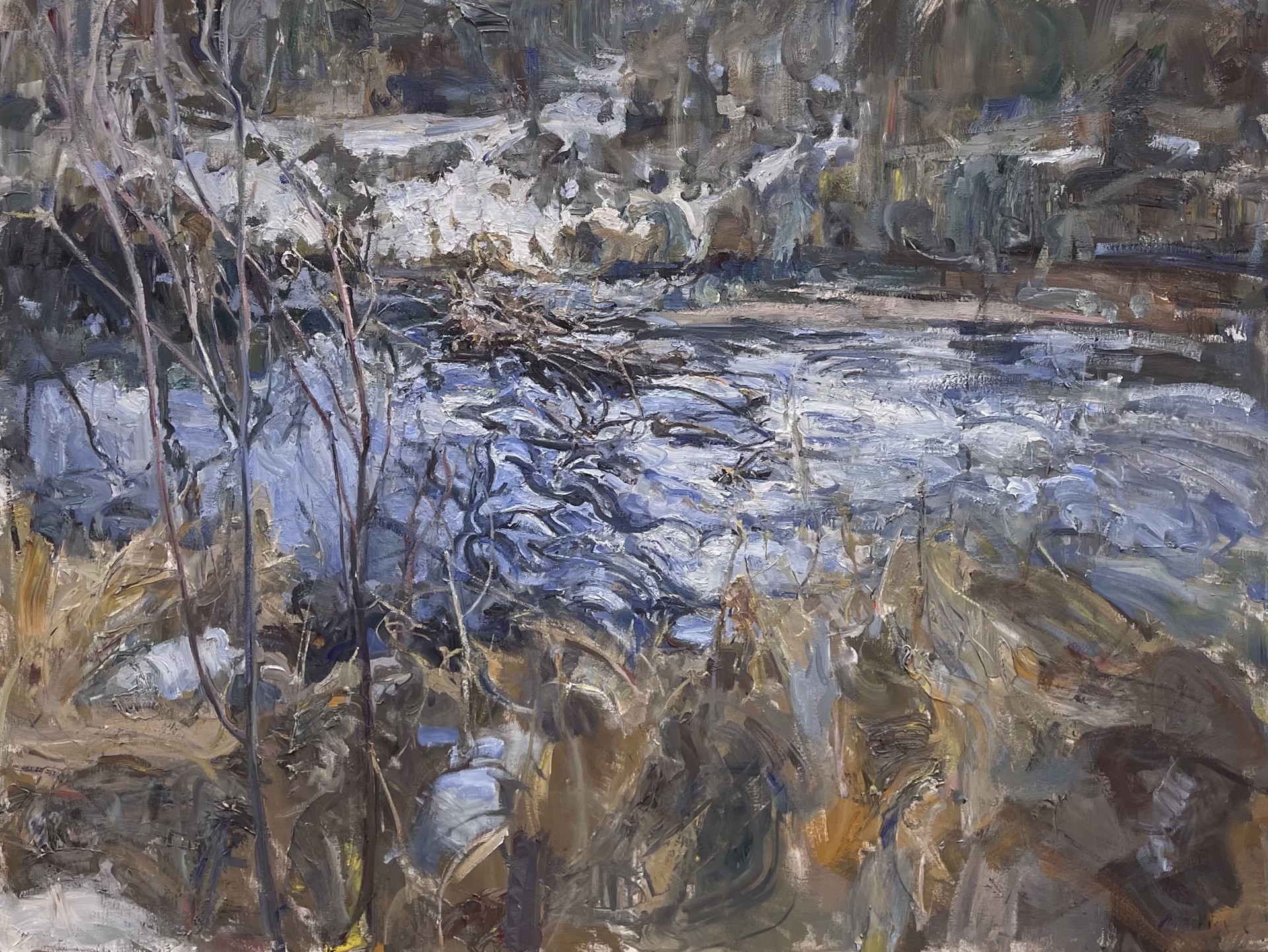 A painting of a river in the middle of a forest.