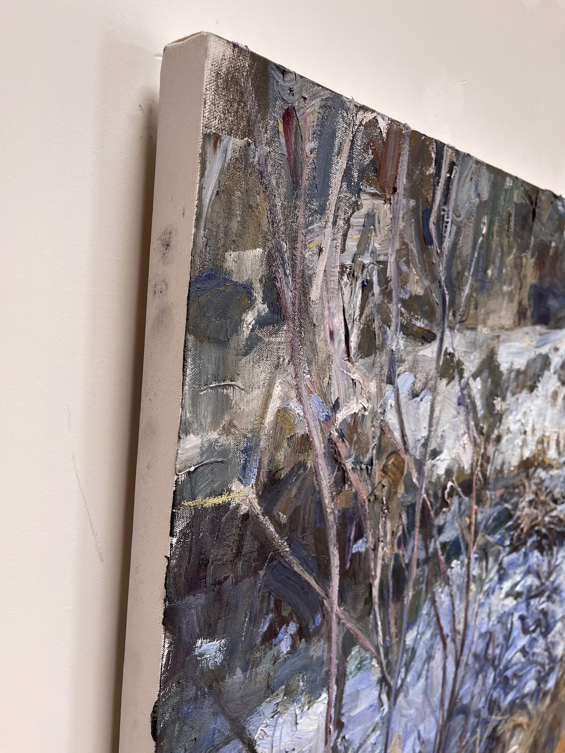 A painting of a river in the middle of a forest.