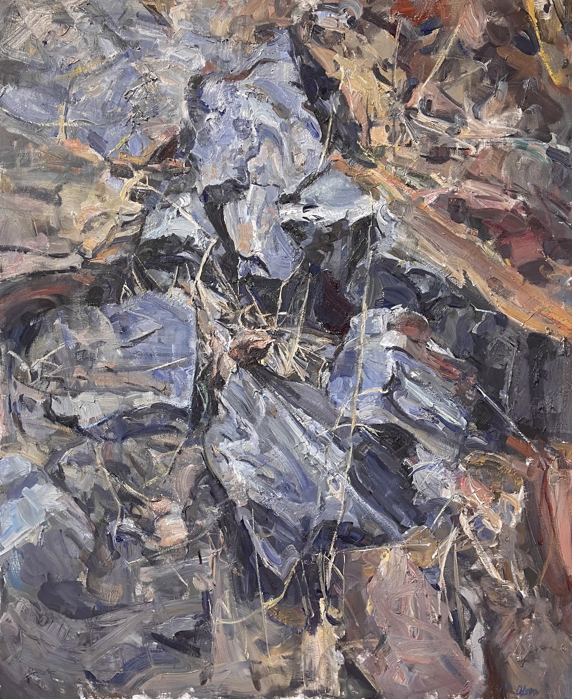 A painting of a pile of rocks in a field.