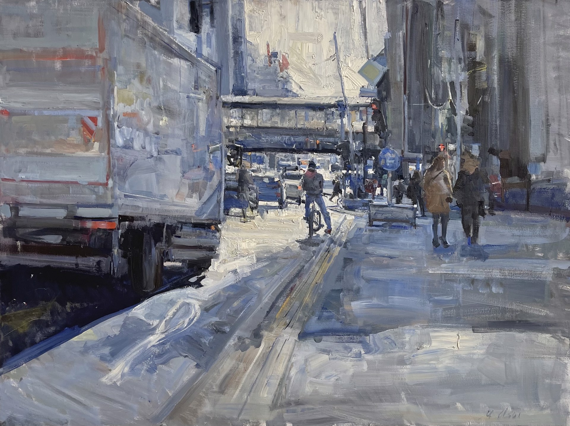 A painting of people walking down a city street.