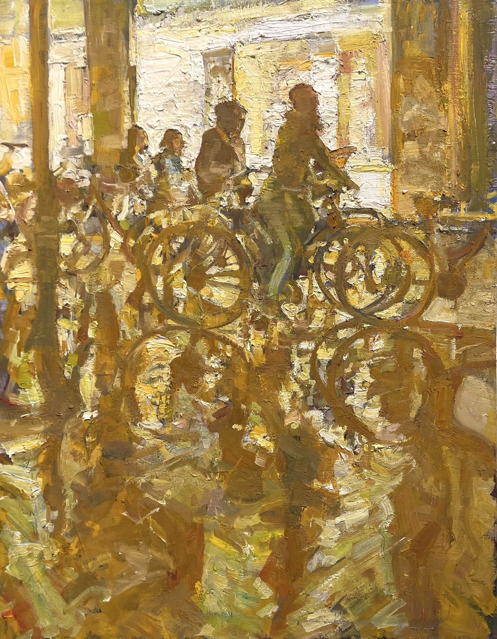 A painting of people riding bicycles in a city.