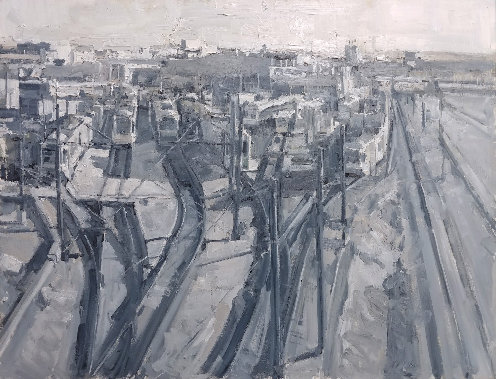 A painting of a cityscape with a lot of buildings.
