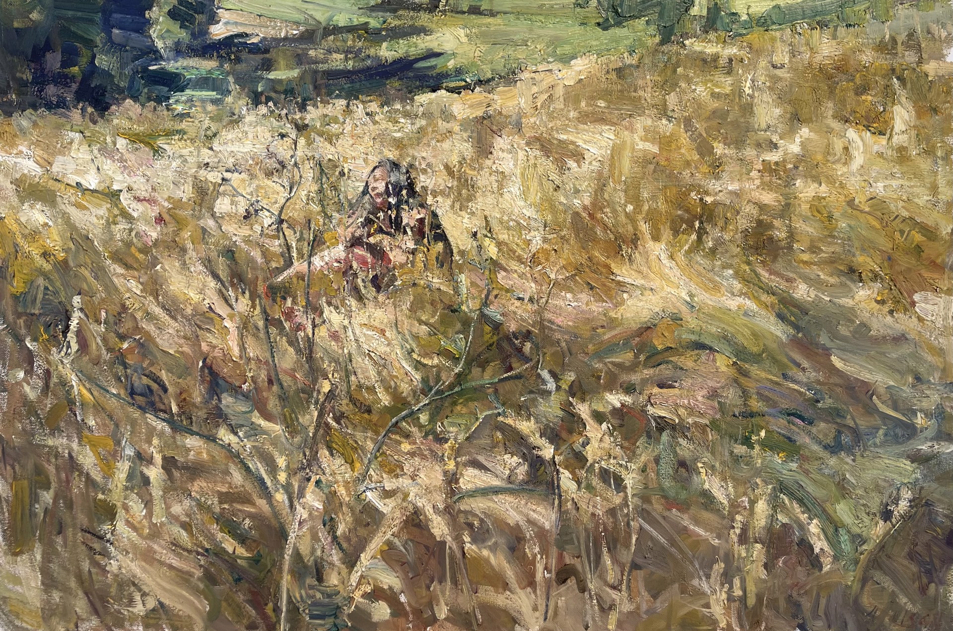 A painting of a woman sitting in a field of tall grass.