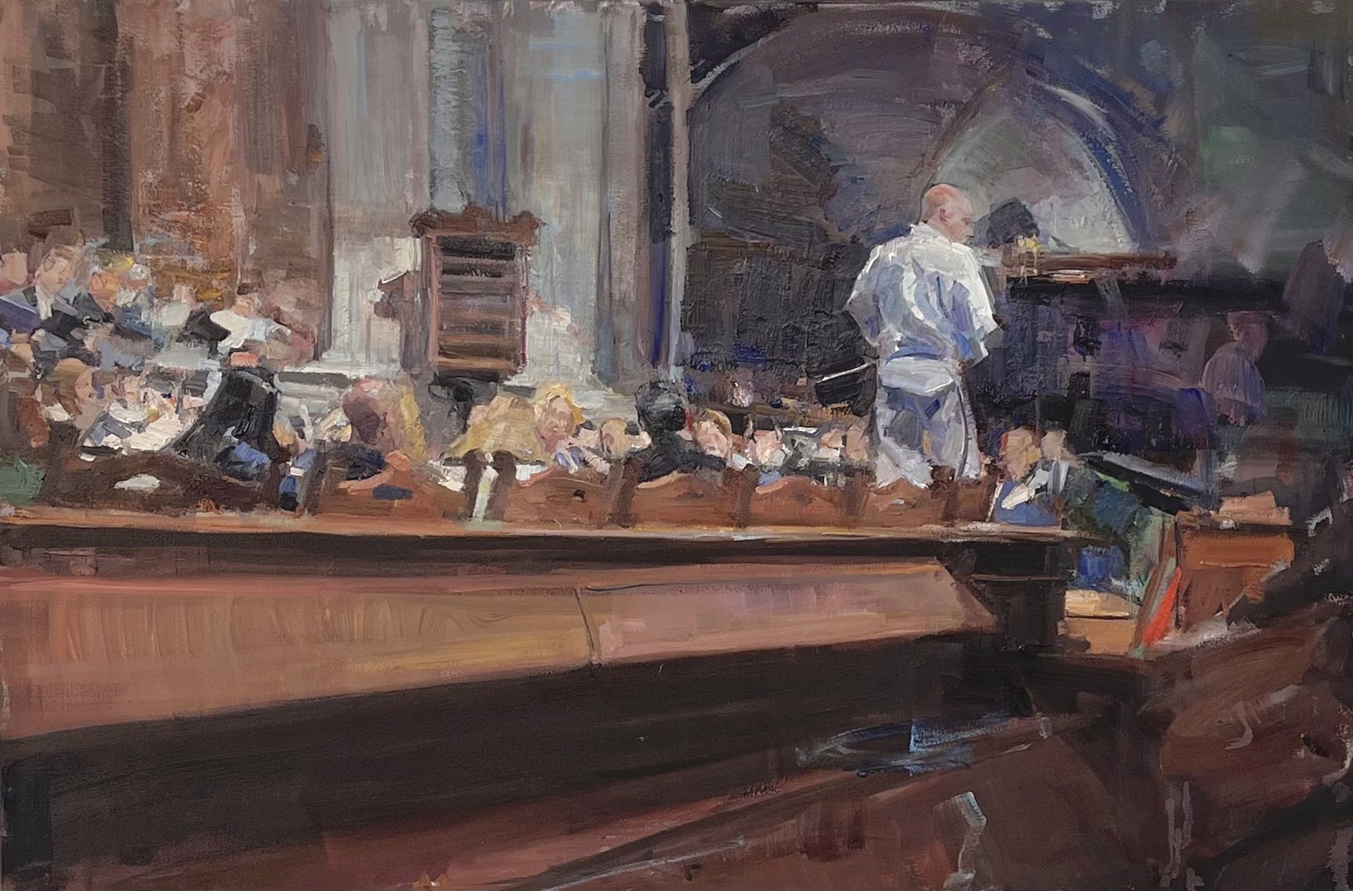 A painting of a man standing in front of a crowd of people.