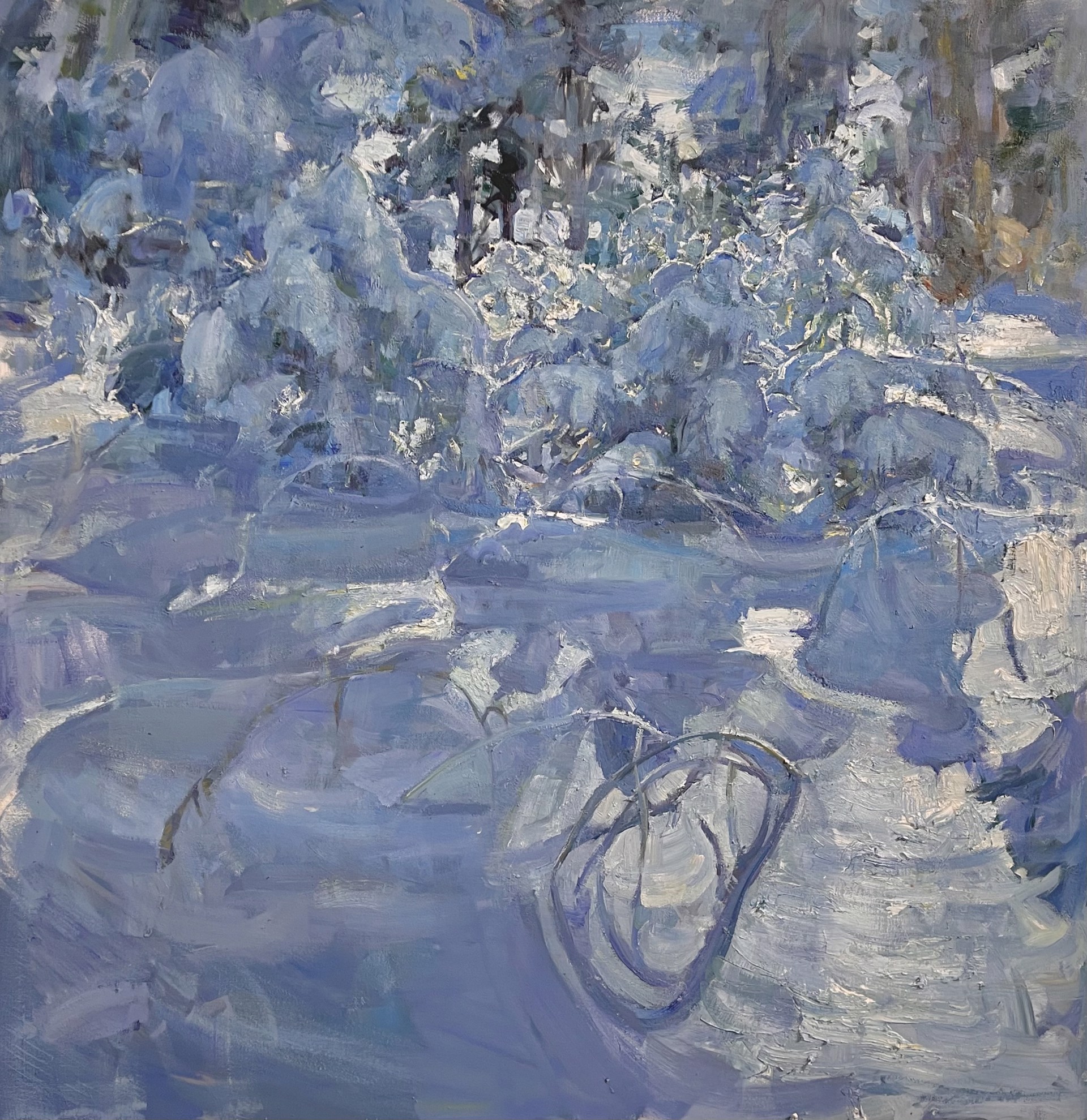 A painting of a snowy landscape with trees in the background.