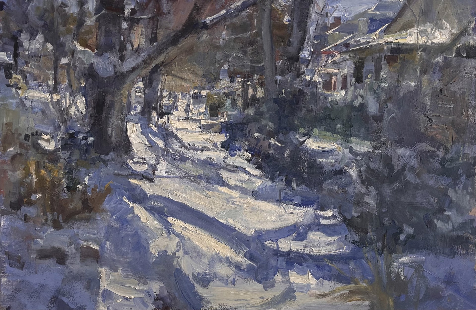 A painting of a snowy street in a small town.