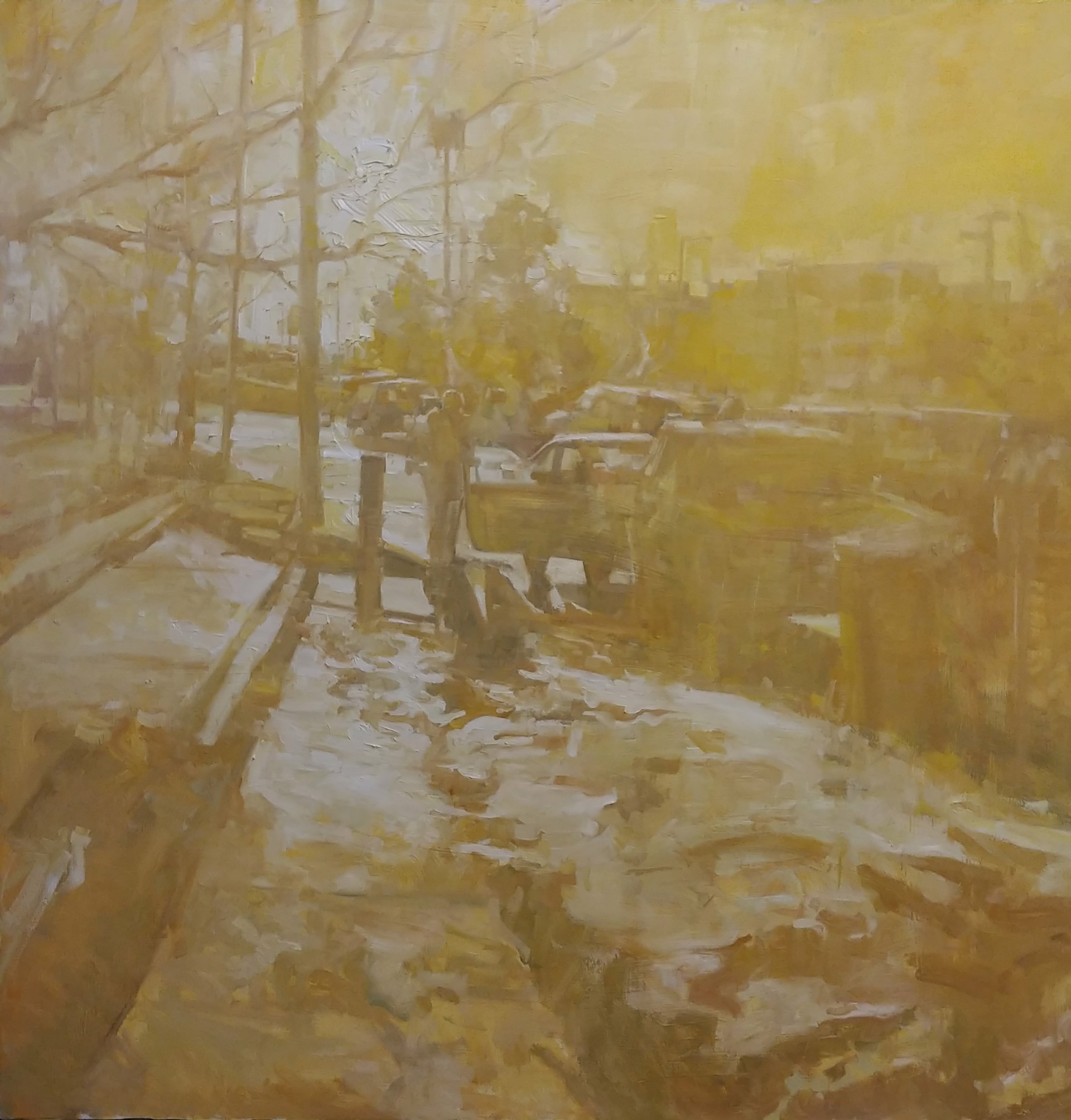 A painting of a city street in the snow.