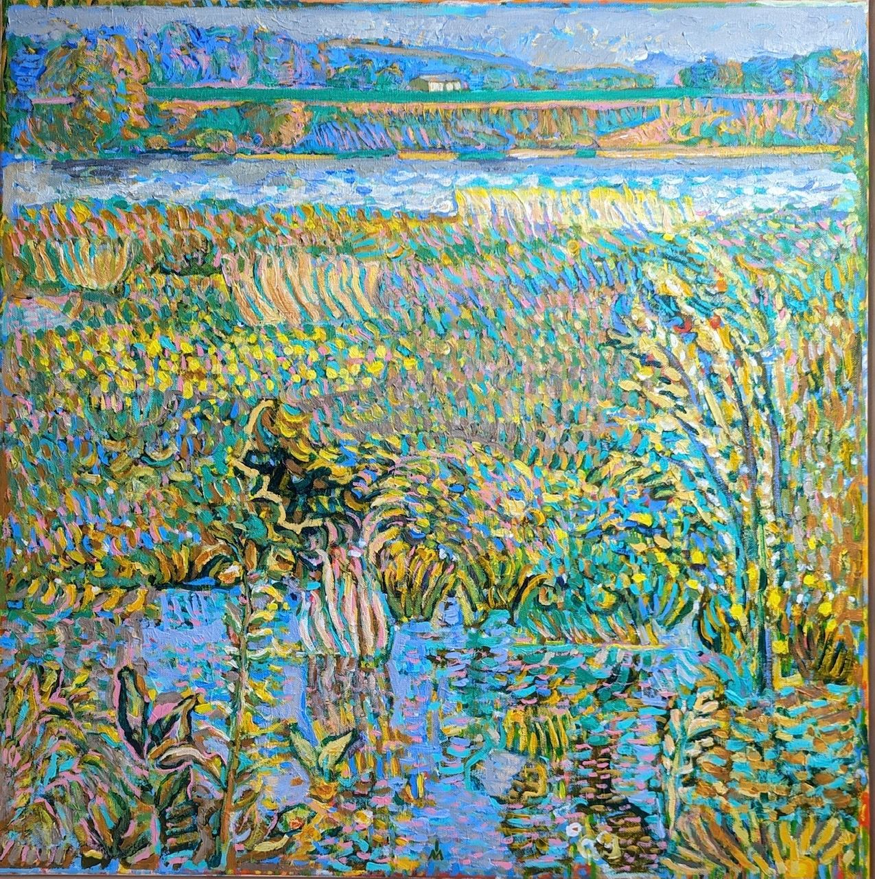 A painting of a landscape with a lake in the background.