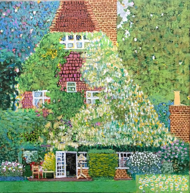 a painting of a house in the middle of a garden