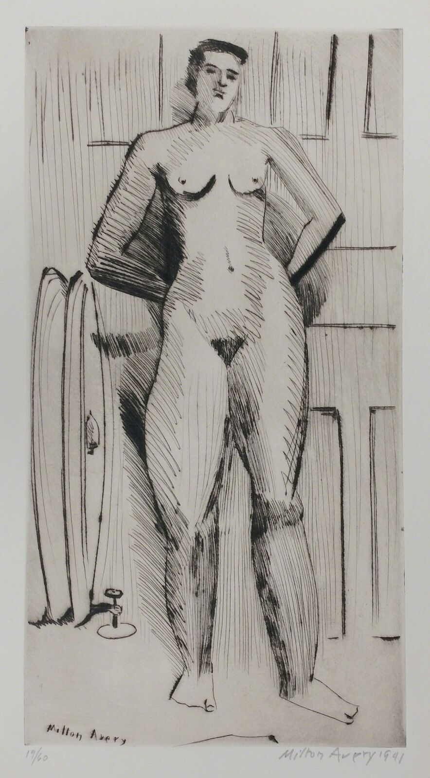 A black and white drawing of a nude woman standing in front of a mirror.
