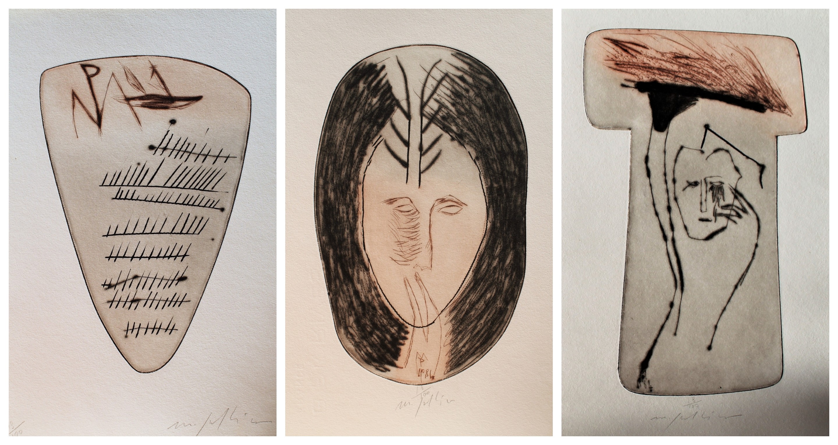A series of three drawings of a woman's face on a piece of paper.