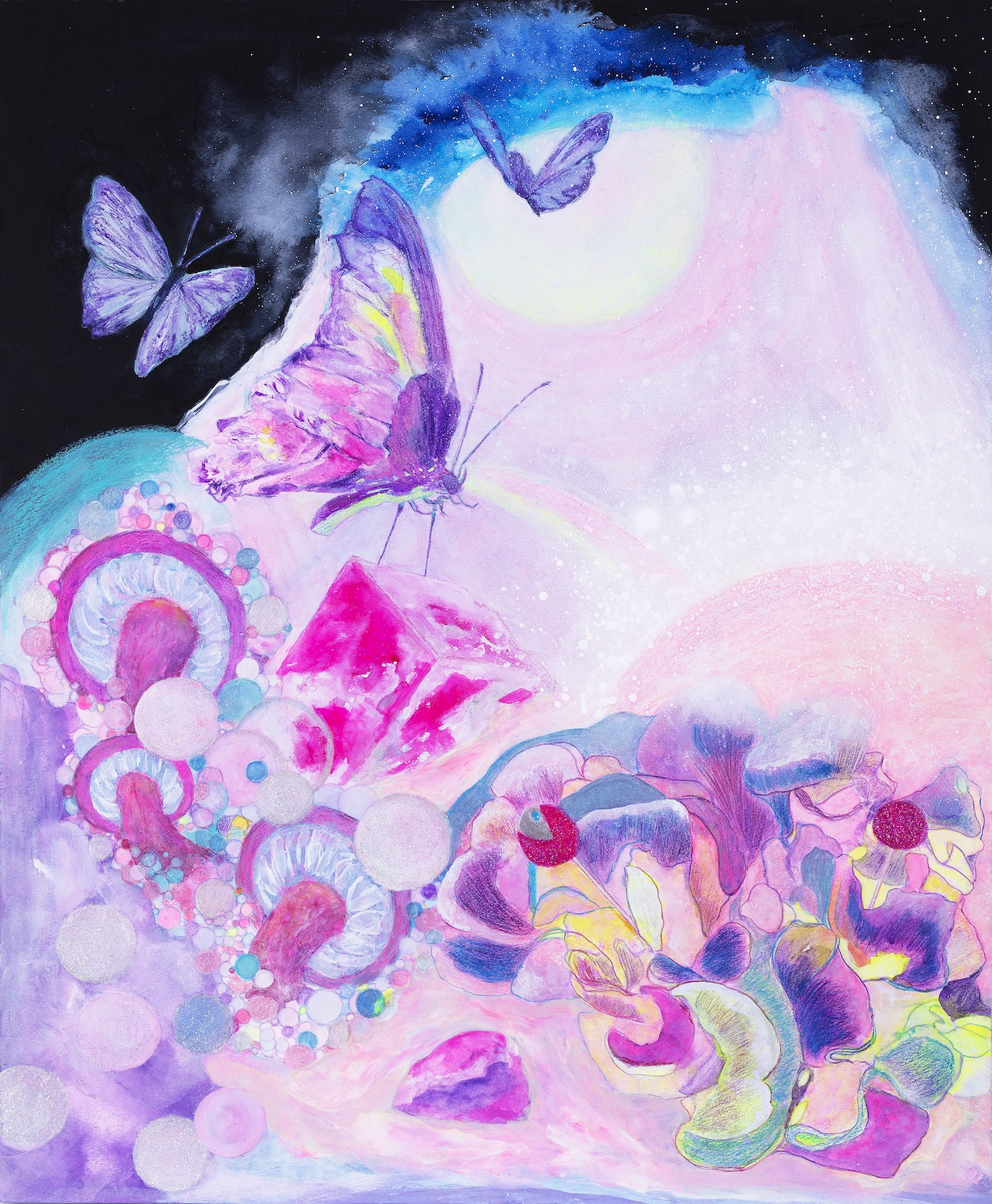 A dreamlike watercolor scene featuring floating butterflies, glowing orbs, and abstract flora against a cosmic backdrop.